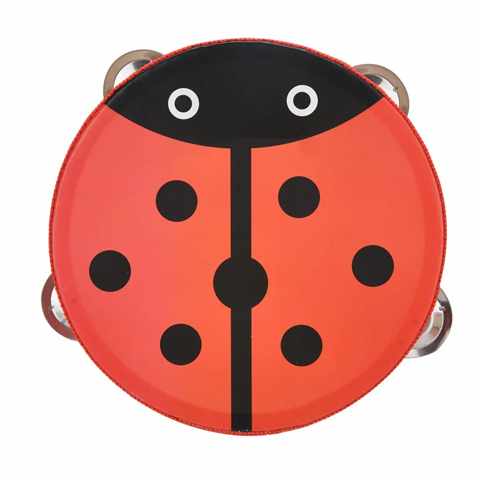 Drewniany tamburyn, 15 cm w kształcie biedronki drewniany ręczny tamburyn ręczny bęben dzwonek muzyczny instrument perkusyjny zabawka (#1)