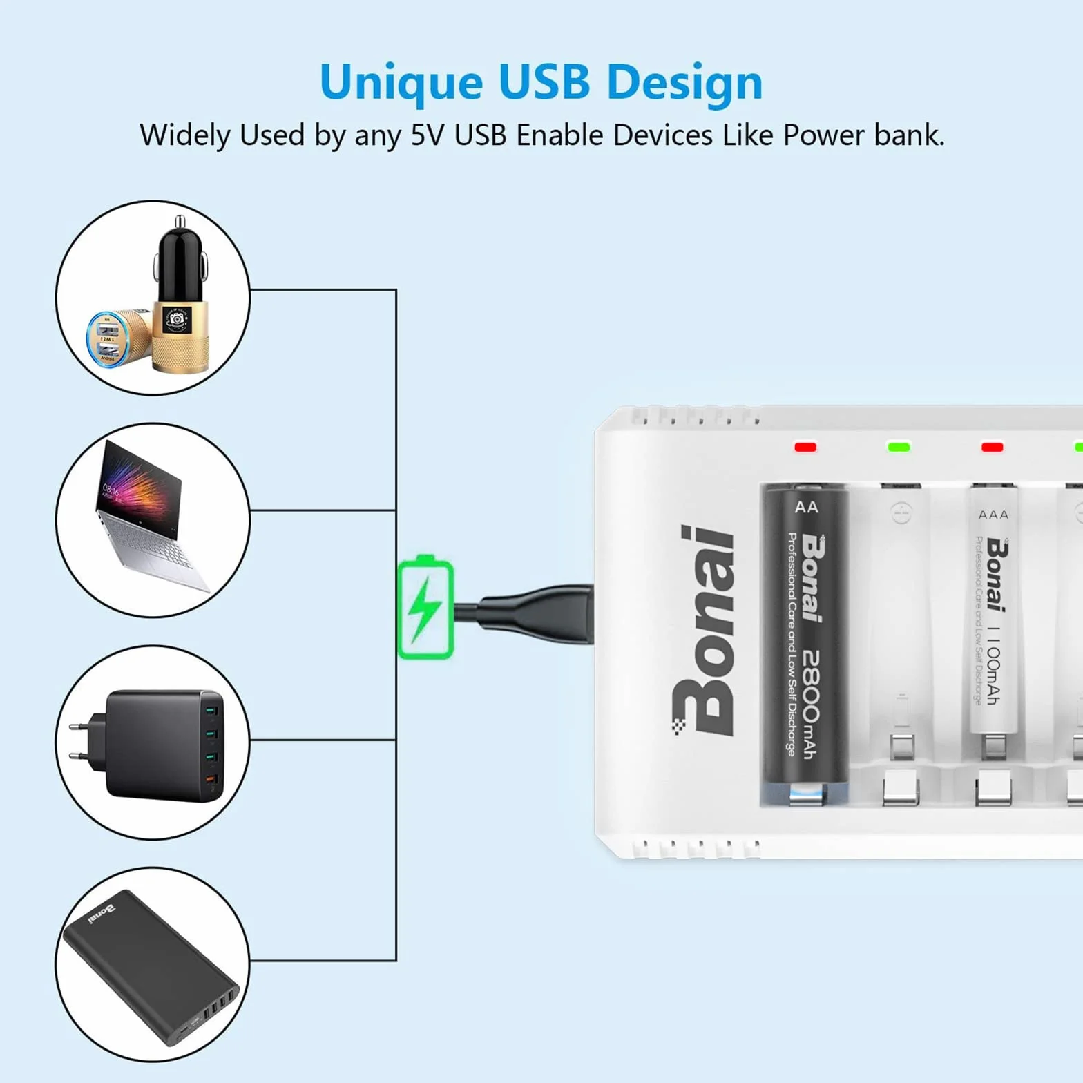 Ładowarka do akumulatorów AA i AAA oraz Ni-MH i Ni-CD marki Bonai z portem USB, 8 gniazdami i wskaźnikami LED.