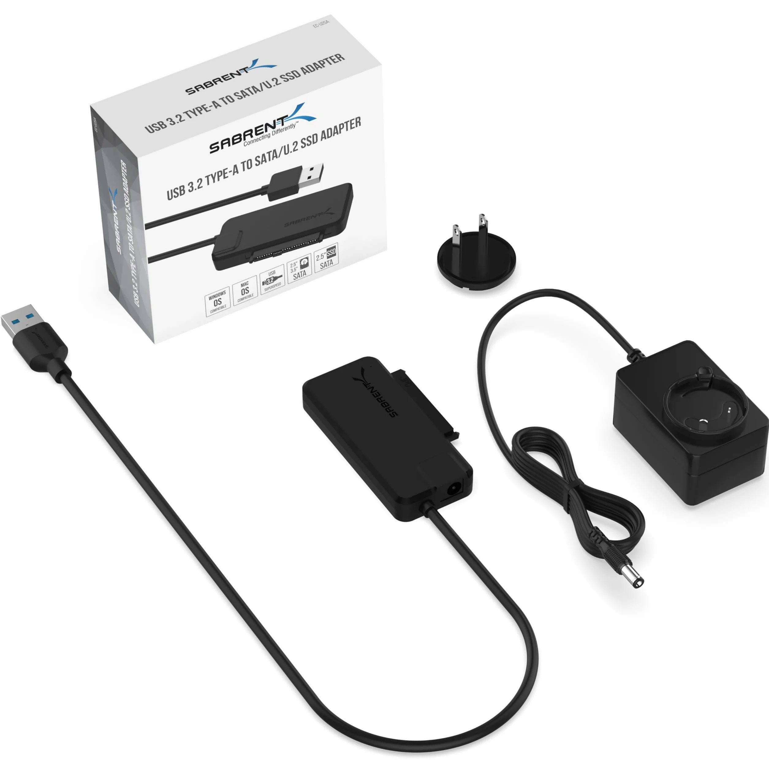SABRENT Adapter USB 3.2 na SATA SSD/HDD lub U.2, adapter 6.3 cm i 8.9 cm, super szybki transfer danych 10 Gb/s konwerter dysku twardego, obsługuje TRIM i UASP z zasilaczem (EC-U2SA)