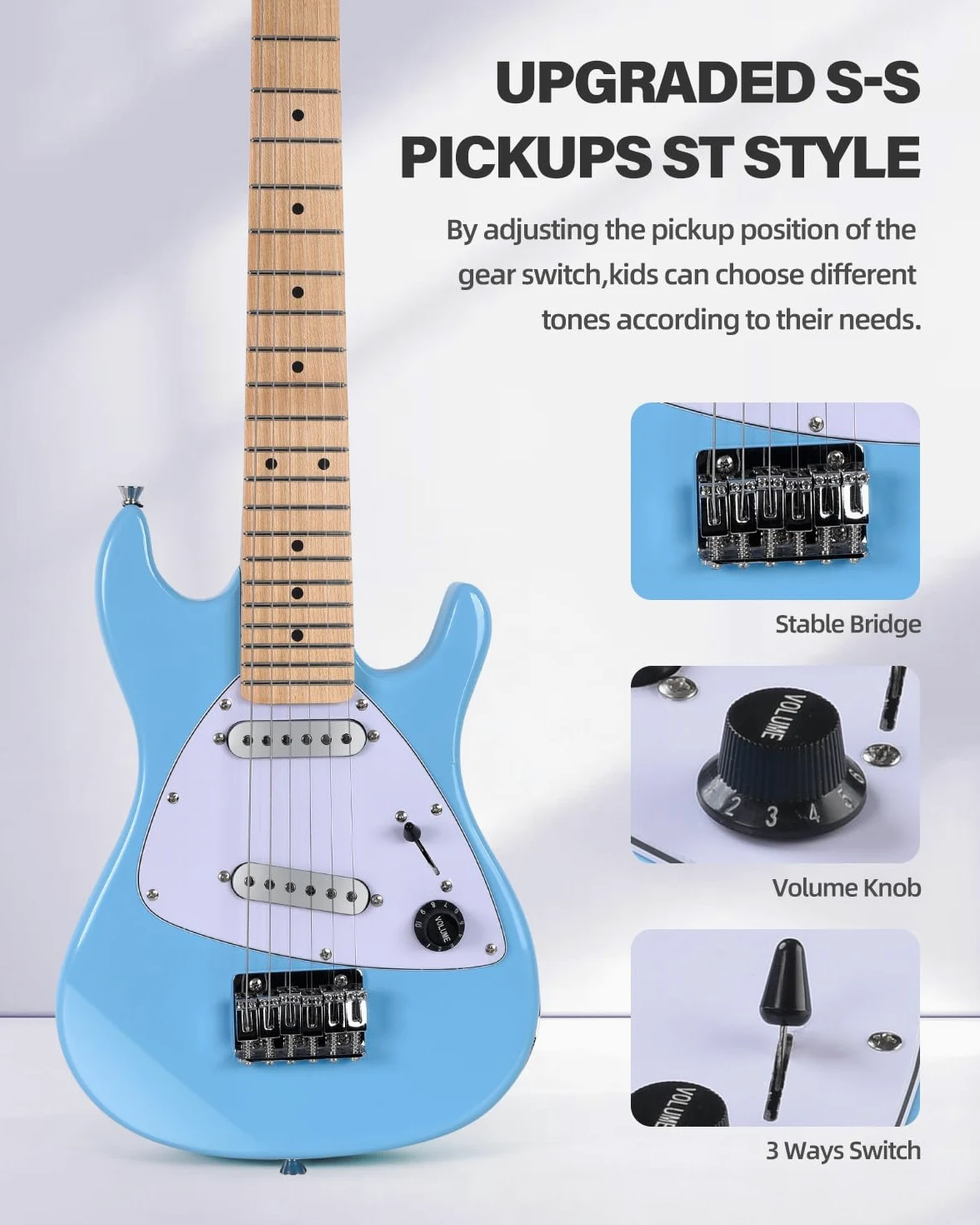 Winzz Zestaw dla początkujących, gitara elektryczna dla dzieci, rozmiar 1/4, mini gitara elektryczna dla dzieci, kompletny zestaw ze wzmacniaczem, błyszczący niebieski kolor