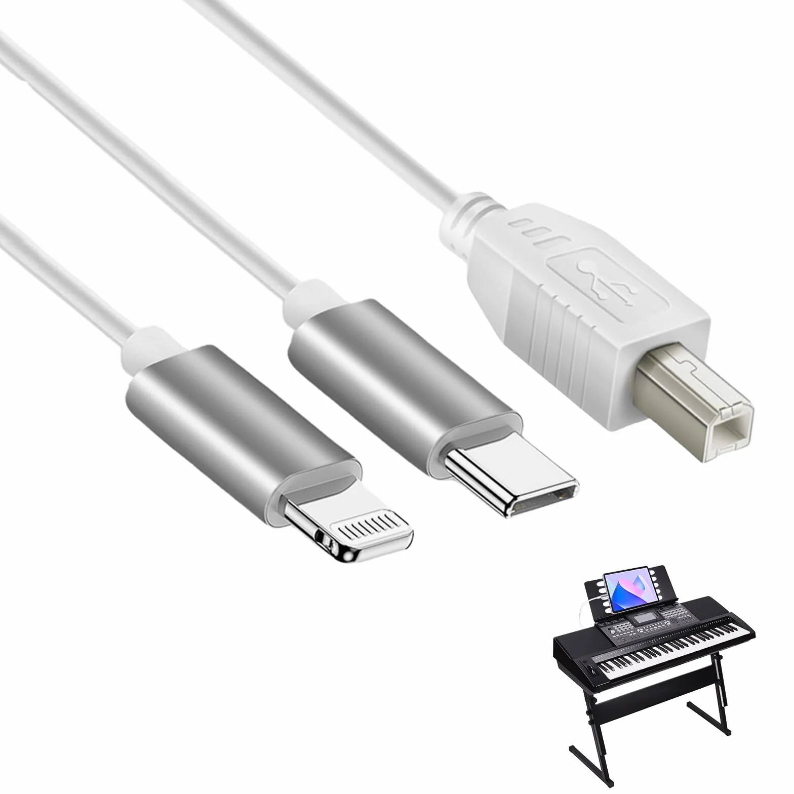 2 w 1 kabel USB-C na USB-B Midi, 1 m OTG do iPhone'a, iOS, kontrolera, interfejsu audio, klawiatury, elektronicznego instrumentu muzycznego (biały)