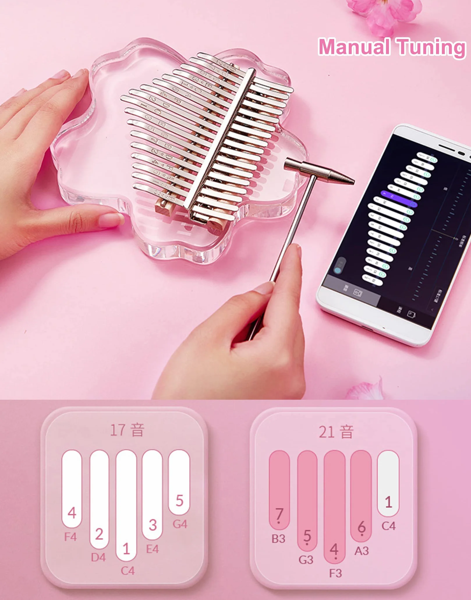 BOTOWI Zestaw 21 przezroczystych klawiszy kalimba na kciuk Sakura Shape Transparent Crystal Kalimba 17 klawiszy z etui ochronnym EVA, profesjonalne instrumenty muzyczne, różowe 17 klawiszy