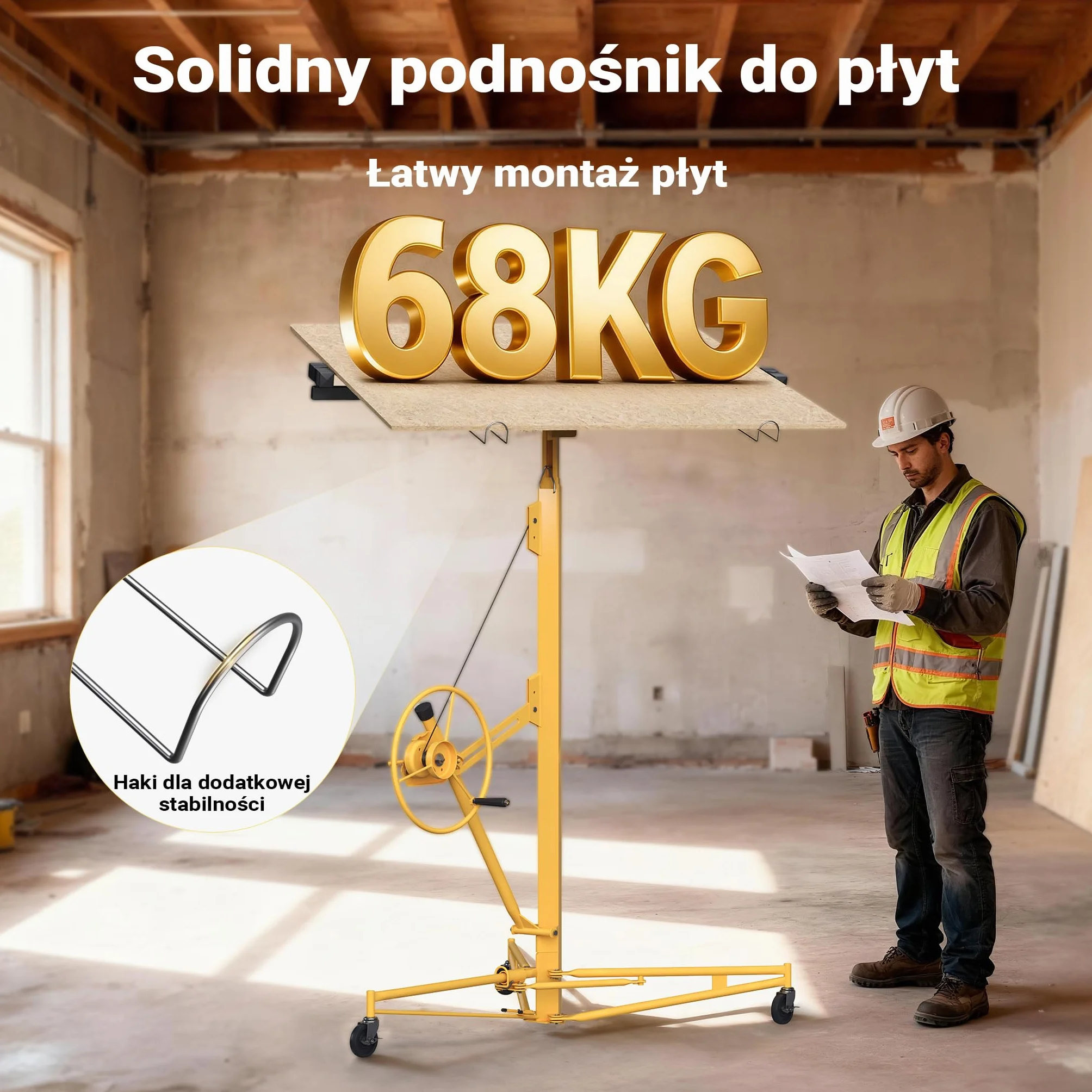 XPOtool Podnośnik do płyt kartonowo gipsowych do 68kg regulowana wysokość 188-487cm pomoc montażowa