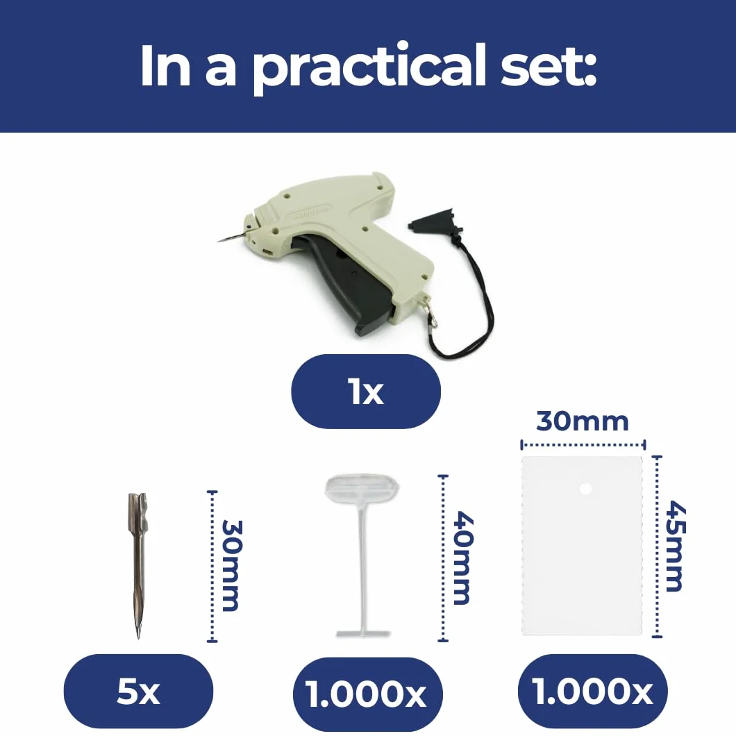 Pokornys - Standardowy pistolet do etykietowania Arrow 9S w zestawie z zapasową igłą + 1,000 standardowych nici zszywających 40mm + 1,000 etykiet kartonowych 30x45mm - Etykietowanie cen tekstyliów