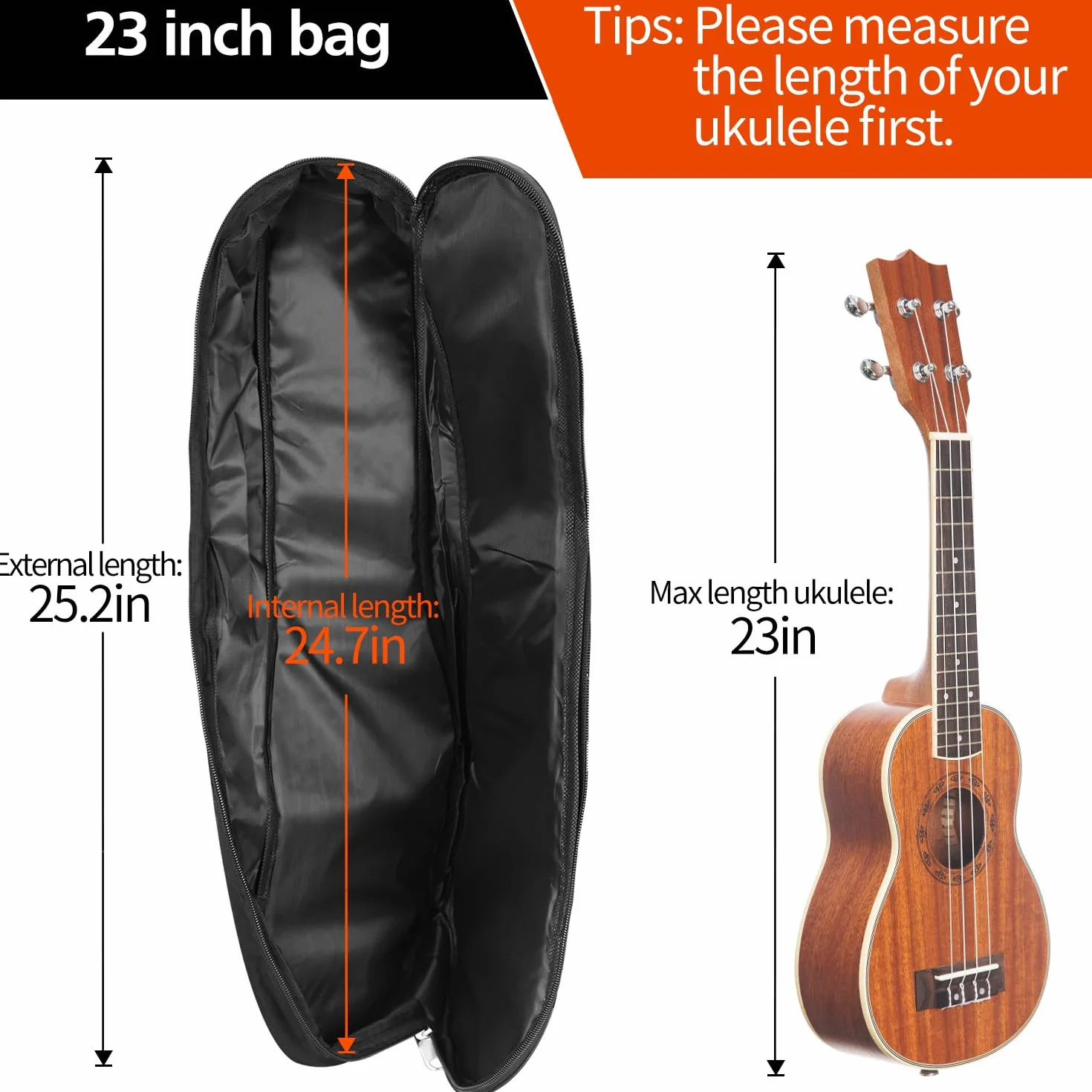 Mdvora Etui na ukulele, czarne, 58 cm koncertowe ukulele, wodoodporne, trwałe, wyściełana torba z regulowanymi paskami