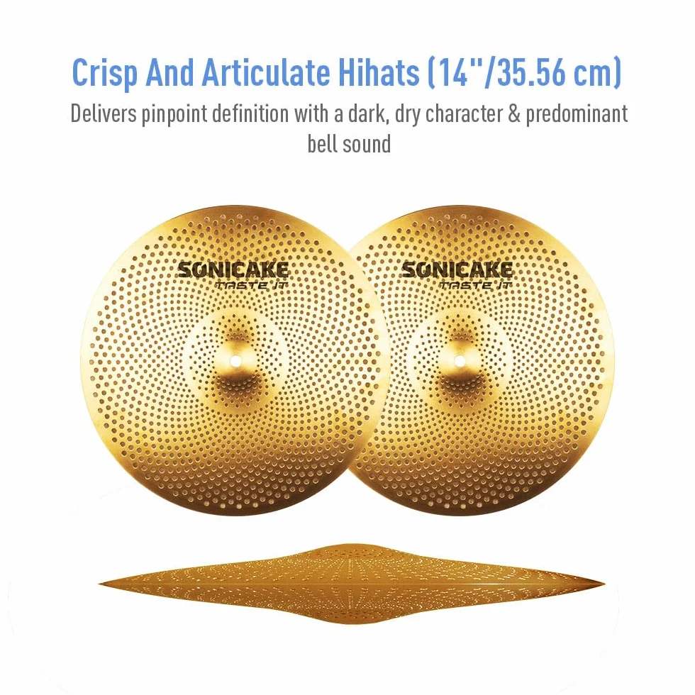 SONICAKE Cymbal zestaw o niskiej głośności, 14" HiHat + 16" Crash + 18" Crash + 20" Ride zestaw talerzy złoty, 5 sztuk, z kieszenią na miednicę i akcesoriami