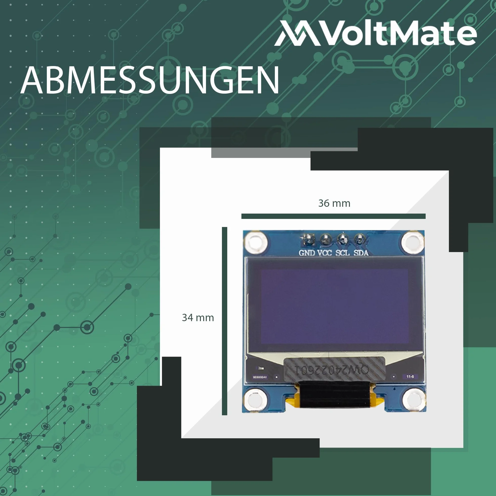 VoltMate 1 x wyświetlacz OLED o przekątnej 0,96 cala i interfejsem I2C – korzystanie z chipa SSD-1306 o rozdzielczości 128 x 64 pikseli dla wyraźnego obrazu w białej czcionce – kompatybilny z
