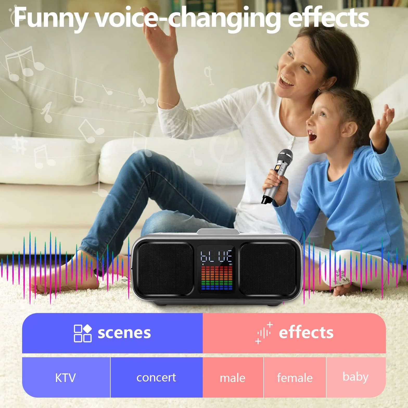 Zestaw do karaoke Party Speaker z 2 bezprzewodowymi mikrofonami, głośnik do karaoke Bluetooth z ekranem dotykowym, diodami LED i podstawkami na telefon, głośnik do karaoke dla dzieci z /USB