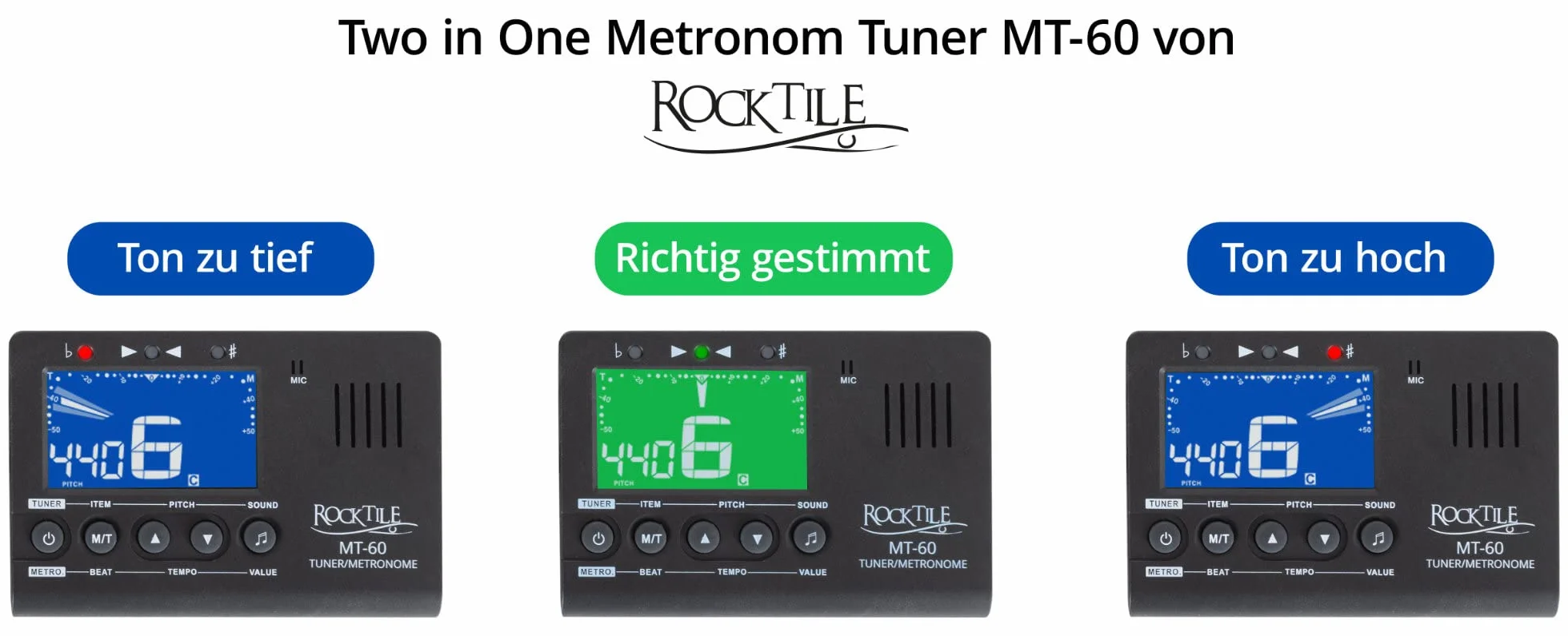 Rocktile MT-60 tuner metro – stroik z mikrofonem i czujnikiem piezoelektrycznym – nadaje się do wszystkich instrumentów – 5 trybów strojenia – metronomy – generator dźwięku – głośnik i wyjście na