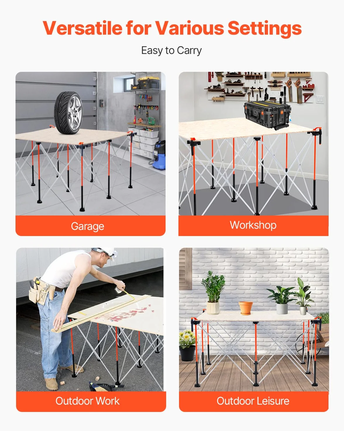 VEVOR Przenośny składany stół warsztatowy 1264 x 1264 mm składany stół roboczy bez montażu, obciążenie 1589 kg z torbą do przechowywania, blat stołu nie jest dołączony, do garażu, warsztatu