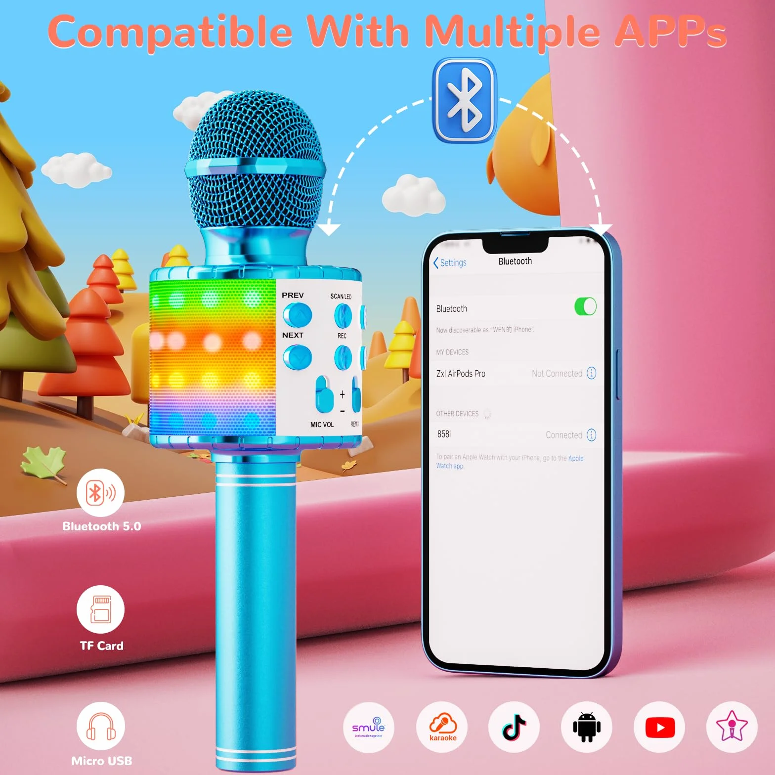 Ankuka mikrofon bluetooth do karaoke z głośnikiem i dynamicznym światłem. Bezprzewodowy mikrofon do karaoke dla dzieci, do śpiewania, nagrywania na imprezę domową, kompatybilny z systemem Android / iOS / PC, niebieski