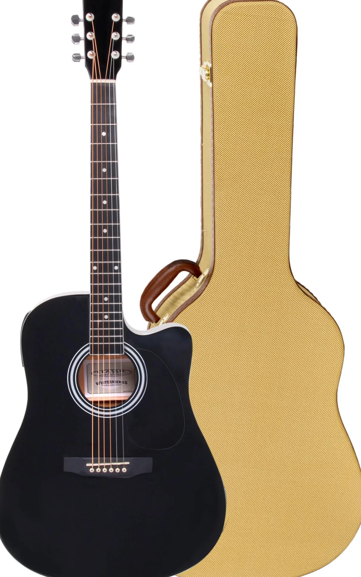 Classic Cantabile WS-10BK-CE zestaw hardcase do gitary westernowej – styl dreadnough z wycięciami – sufit, dno, oście: lipa – odbiornik – 3-pasmowy korektor – stroik – w zestawie walizka tweed –