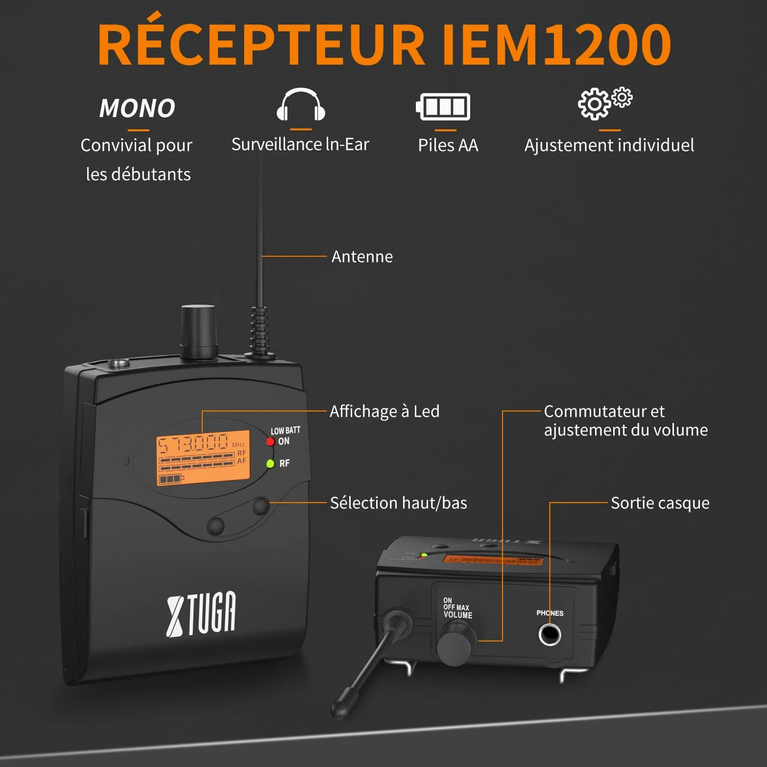 XTUGA IEM1200 Bezprzewodowy system monitorowania ucha, 2-kanałowy, 6 opakowań do monitorowania ciała ze słuchawkami, bezprzewodowy, używany do sceny lub studia, transmisja na żywo, wzmacniacz gitarowy