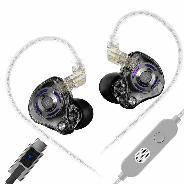 Linsoul KZ Gale Monitory douszne, superliniowy dynamiczny sterownik IEM, ultra-responsywne przewodowe słuchawki douszne do gier Hi-Fi z odłączanym posrebrzanym kablem 2-pinowym (z mikrofonem, czarne)
