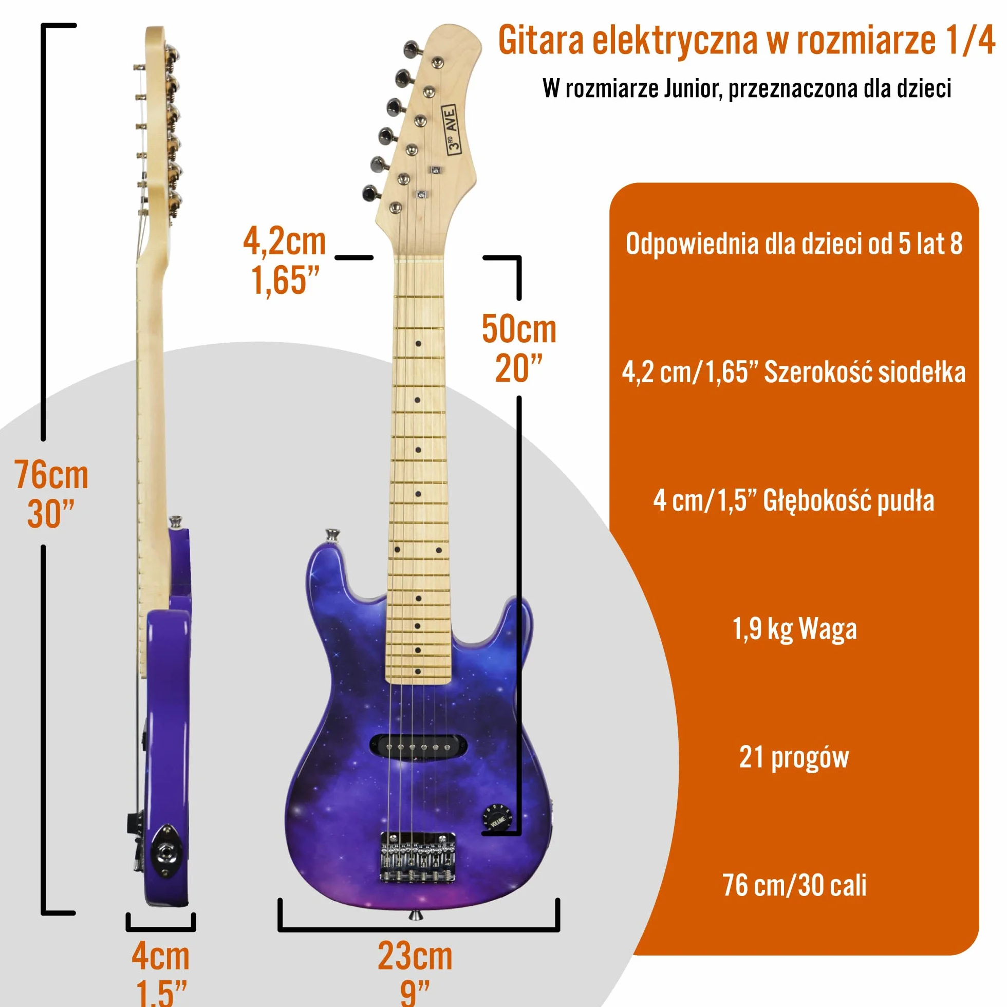 3rd Avenue Zestaw gitary elektrycznej dla dzieci, w rozmiarze 1/4, dla młodych początkujących – 5-watowy wzmacniacz przenośny, kabel, torba, kostki i pasek – w kolorze Purpurowa Galaktyka