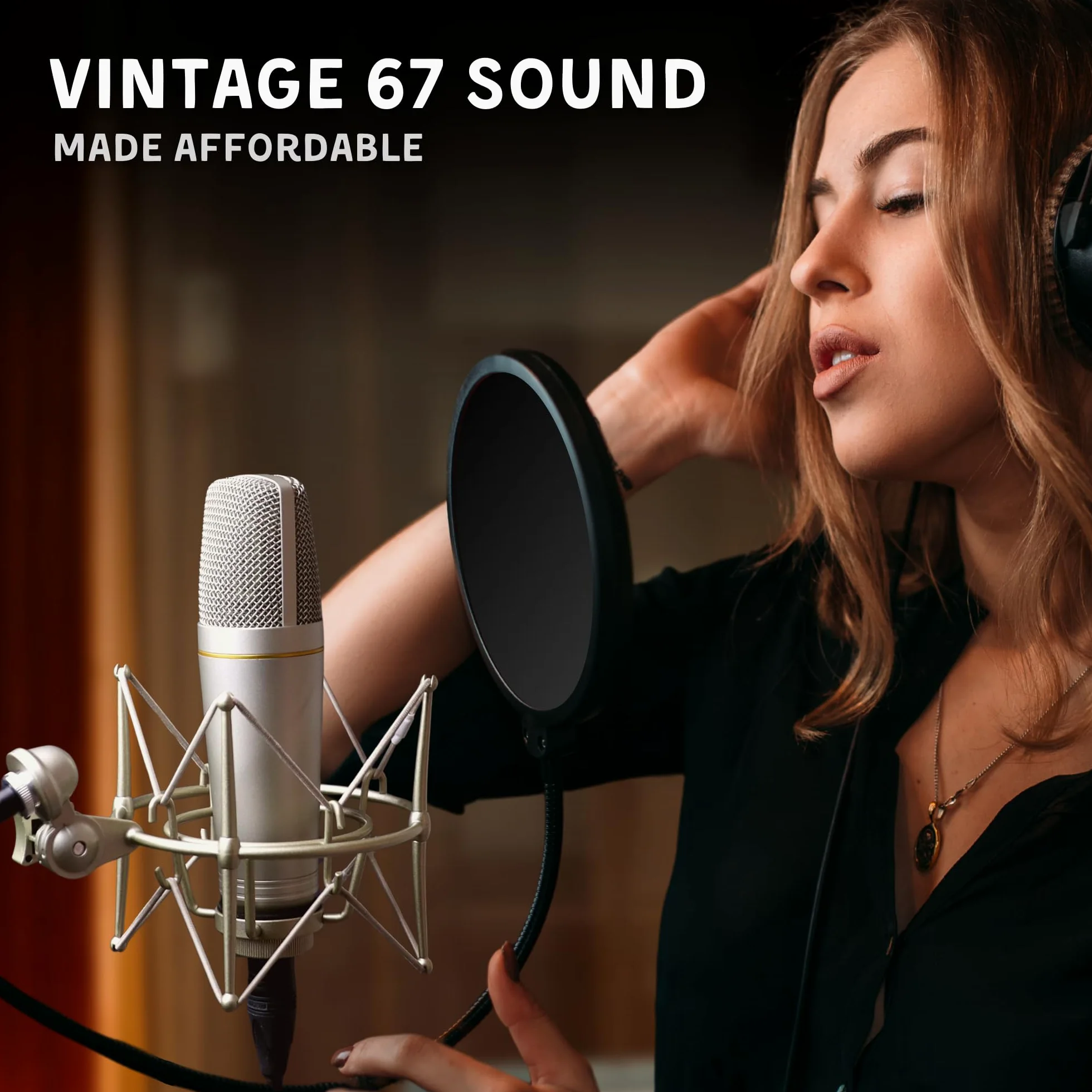 MA-67 Studio mikrofon pojemnościowy, duża kapsułka membranowa 34 mm, w tym filtr Hydro Pop, metalowy uchwyt amortyzacyjny, kabel XLR i torba na mikrofon - do produkcji muzyki, nagrywania wokalu i