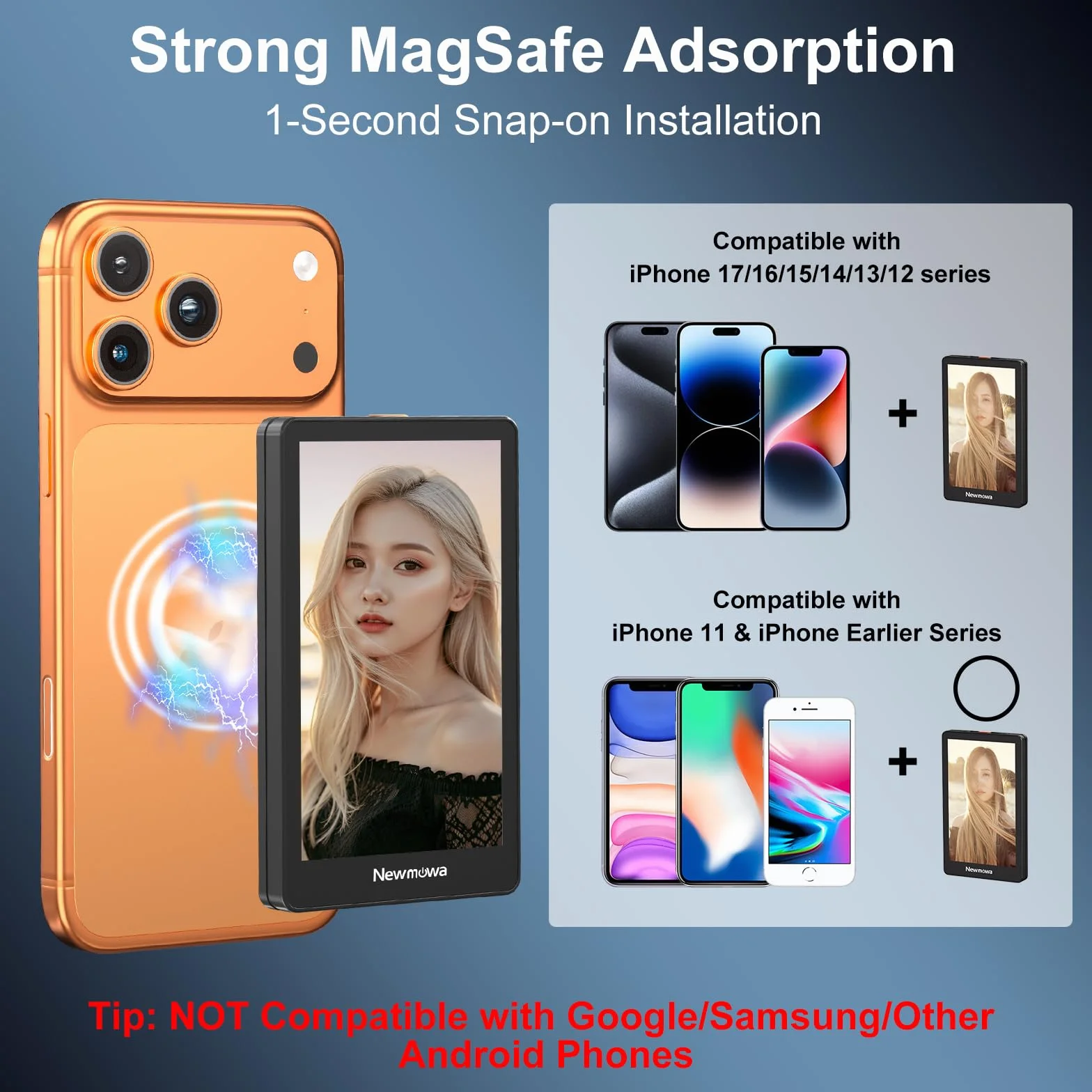 Newmowa Czarny Magnetyczny Telefon Vlog Selfie Monitor Ekran,1080P Nagrywanie Bezprzewodowe,Tylnej Kamery Telefonu Do Selfie LiveStream TikTok,Kompatybilny z iPhonem(Support 4K 30fps Wired Recording)