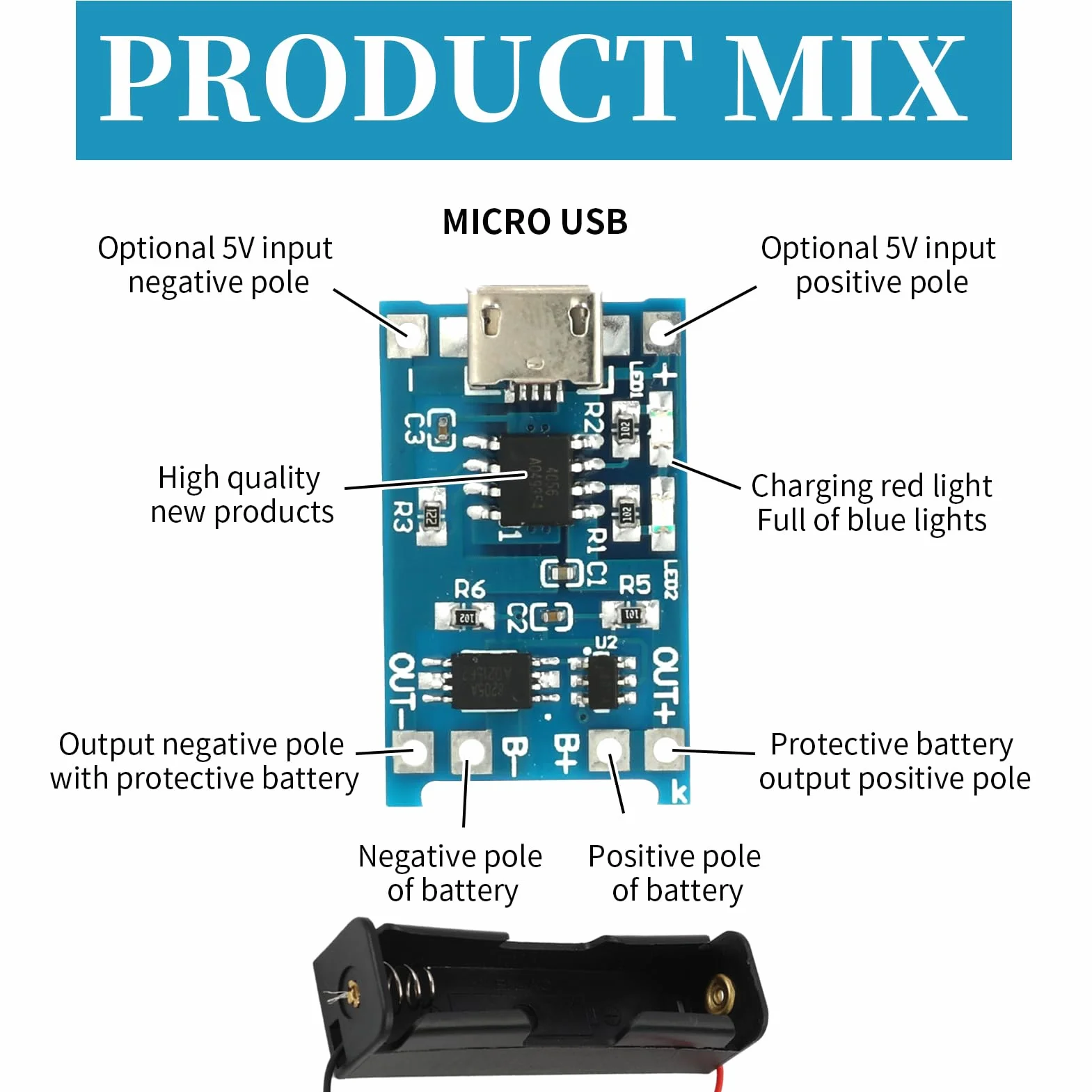 10 sztuk modułu ładowarki litowo-jonowej USB 5V 1A typu C, 6 sztuk uchwytów na baterie 3,7V z kablami podłączeniowymi, jednoszynowa płyta ładująca i podwójne funkcje ochronne (10 sztuk Micro USB +