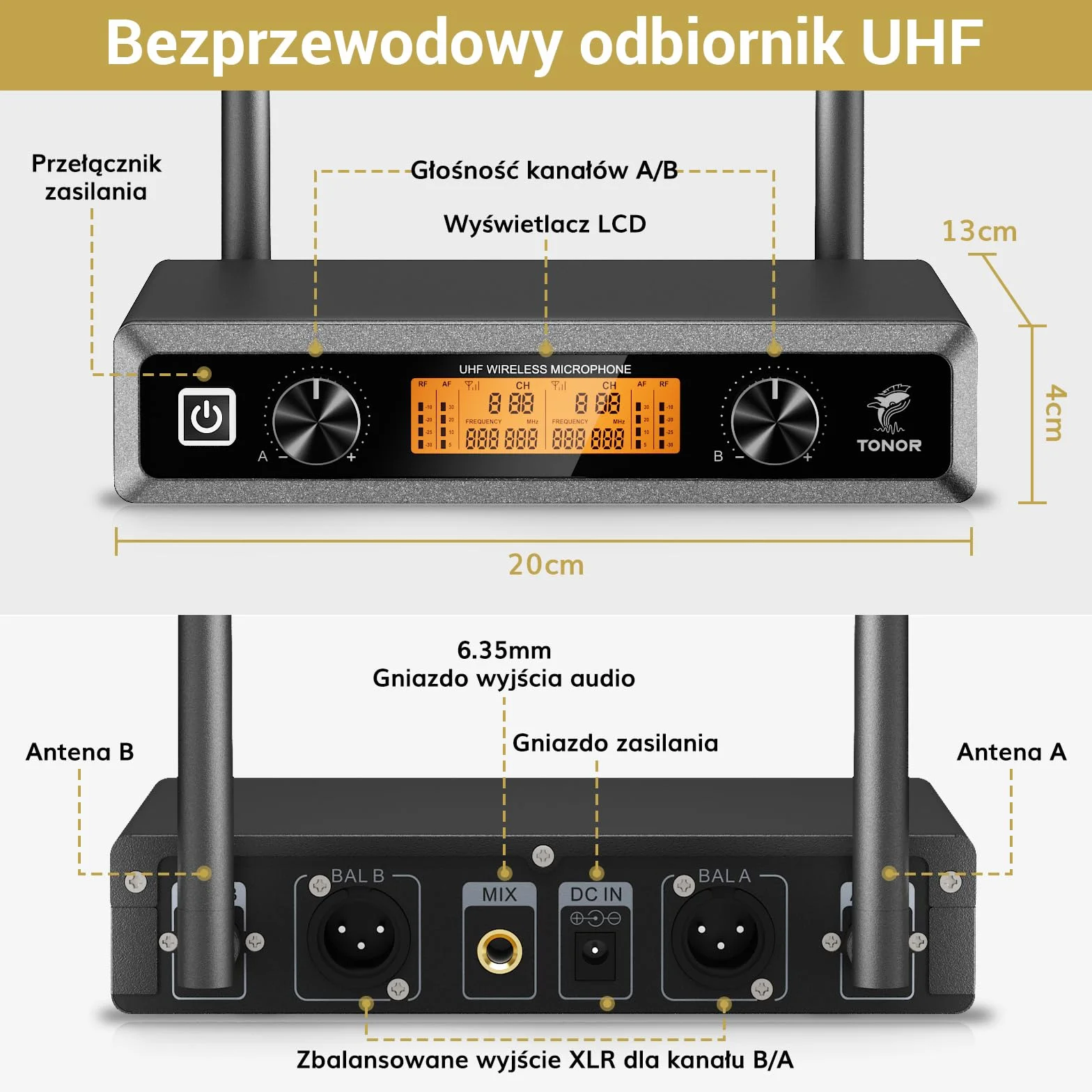 TONOR UHF Bezprzewodowy System Mikrofonów z Mikrofonem Słuchawkowym i Lavalier, Nadajnik Bodypack, Odbiornik, 2 Kanały, 60M Zasięg do Śpiewu na Żywo Karaoke