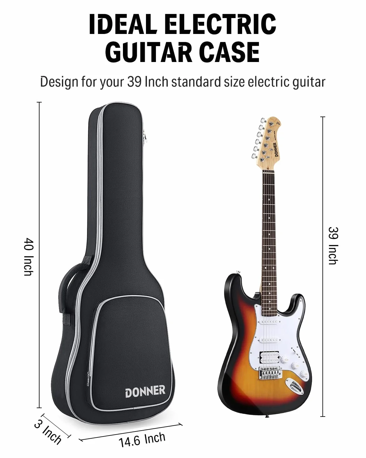 Donner Torba na gitarę elektryczną, 39 cali, grubość 8 mm, miękka solidna obudowa na gitarę z regulowanymi paskami, wodoodporna włóknina wewnętrzna pogrubiona podkładka z gąbką z kieszenią, czarna