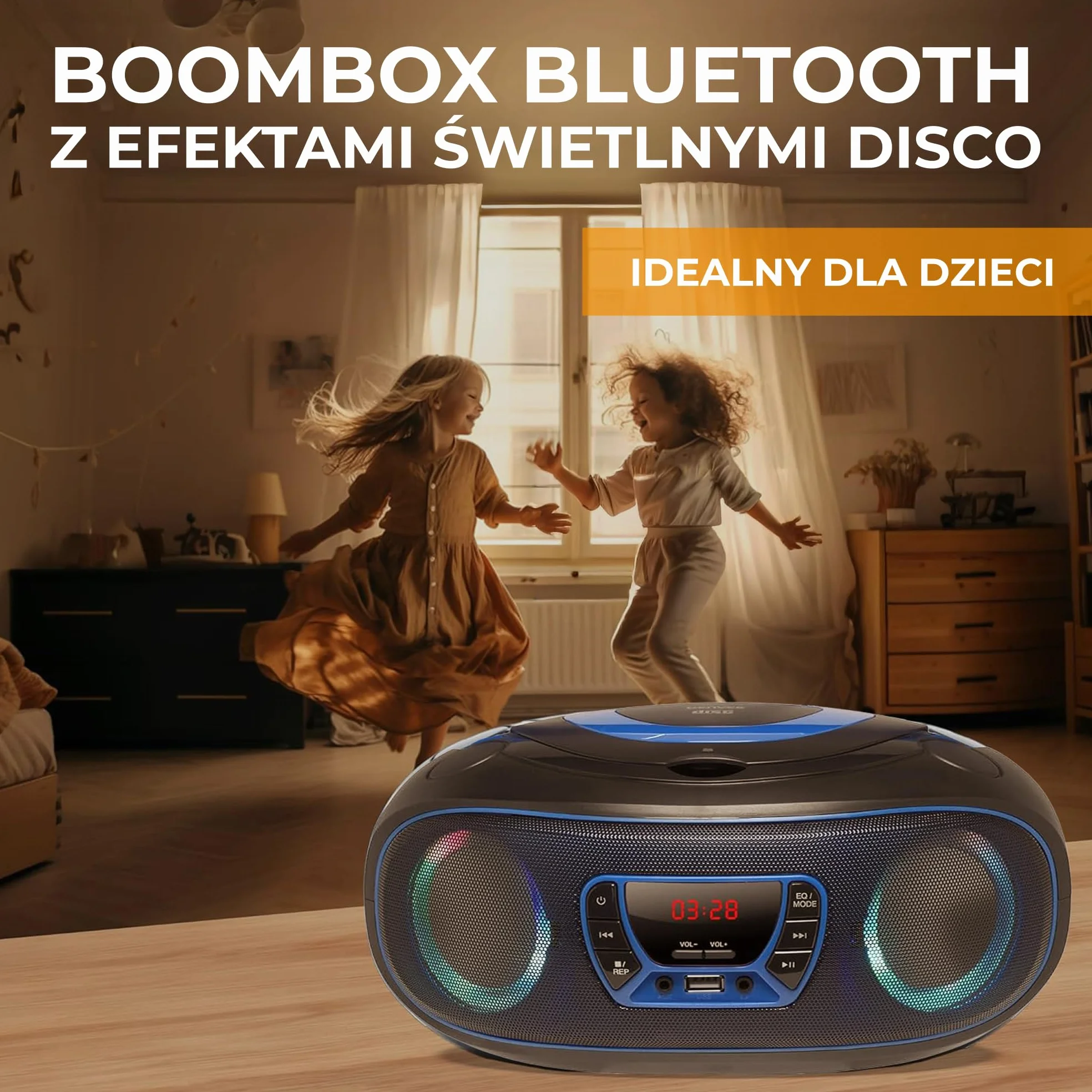 Denver TCL212BT radio z Bluetooth, radio Bluetooth z efektami świetlnymi, przenośny odtwarzacz CD, AUX, USB, niebieskie