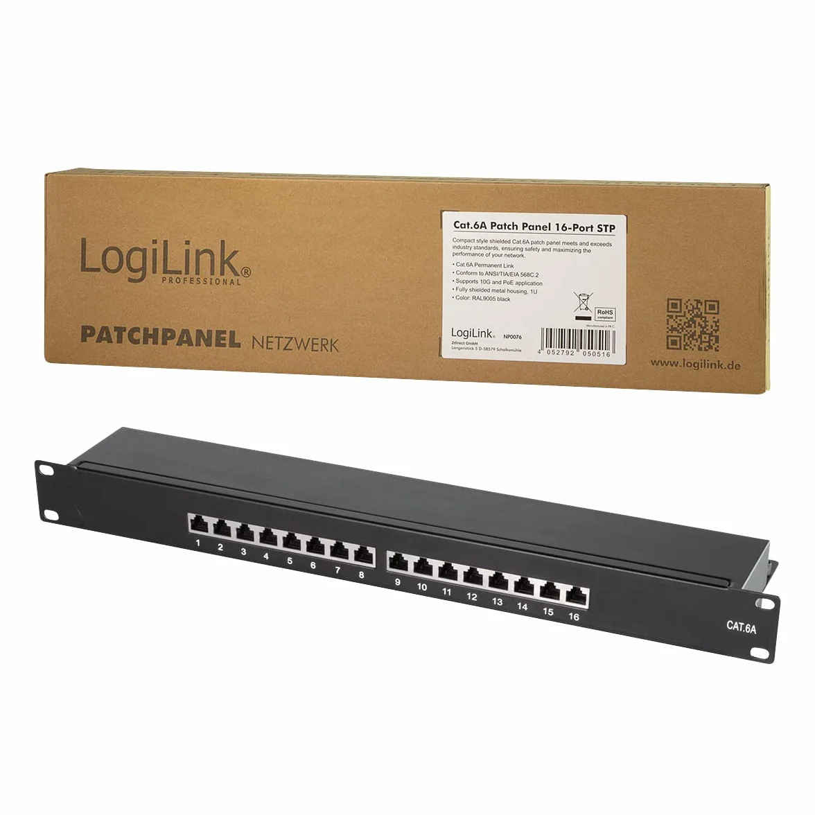 LogiLink Professional NP0076 panel krosowo-rozdzielający Cat 6A z 16 portami, PoE i PoE+, (1 jednostka wysokości), czarny