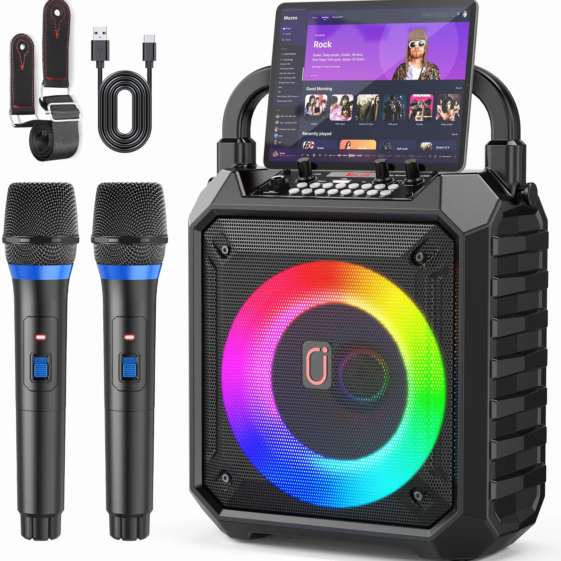 JAUYXIAN Karaoke Machine z 2 mikrofonami bezprzewodowymi, przenośny głośnik Bluetooth, system PA TF/USB/AUX