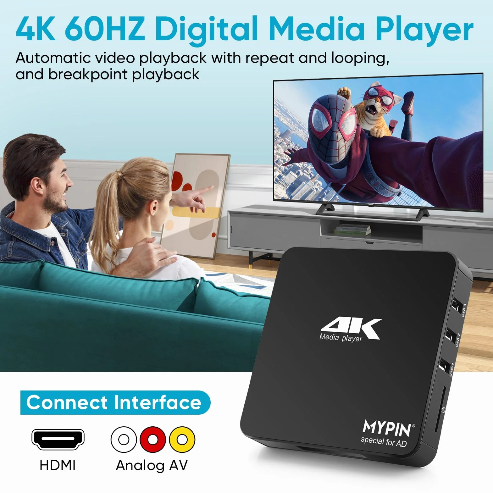 MYPIN Odtwarzacz multimedialny 4K 60 Hz obsługuje dysk twardy 8 TB HDD/256G USB/karta SD z wyjściem HDMI/AV do HDTV/PPT MKV AVI MP4 H.265 - obsługuje napisy reklamowe/timing