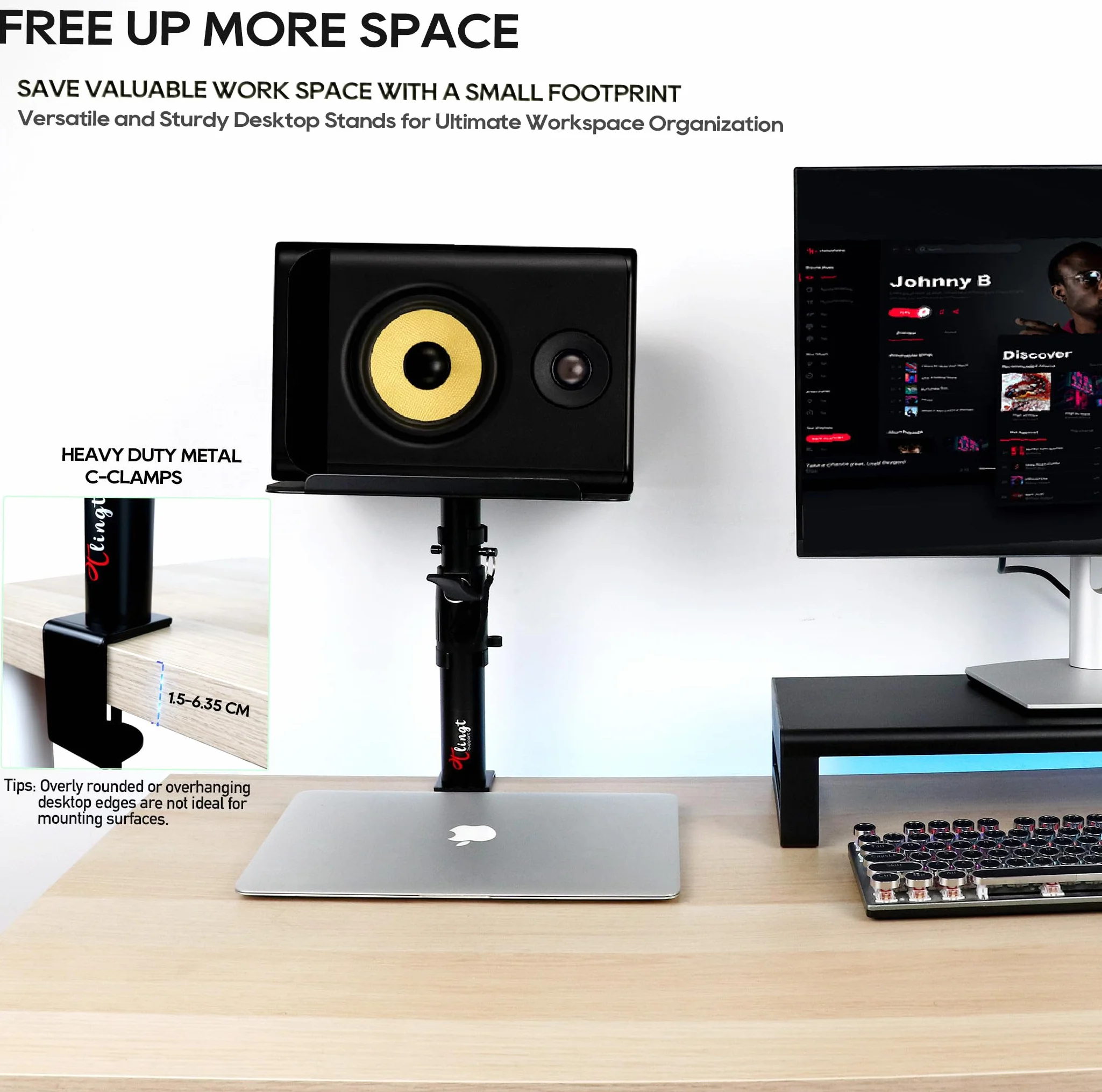 Deluxe stojak na monitor studyjny, stojak na głośniki biurkowe (2-pak) - wytrzymała metalowa taca 30 x 23 cm, kąt nachylenia od -10° do +10°, idealny do monitorów studyjnych, głośników