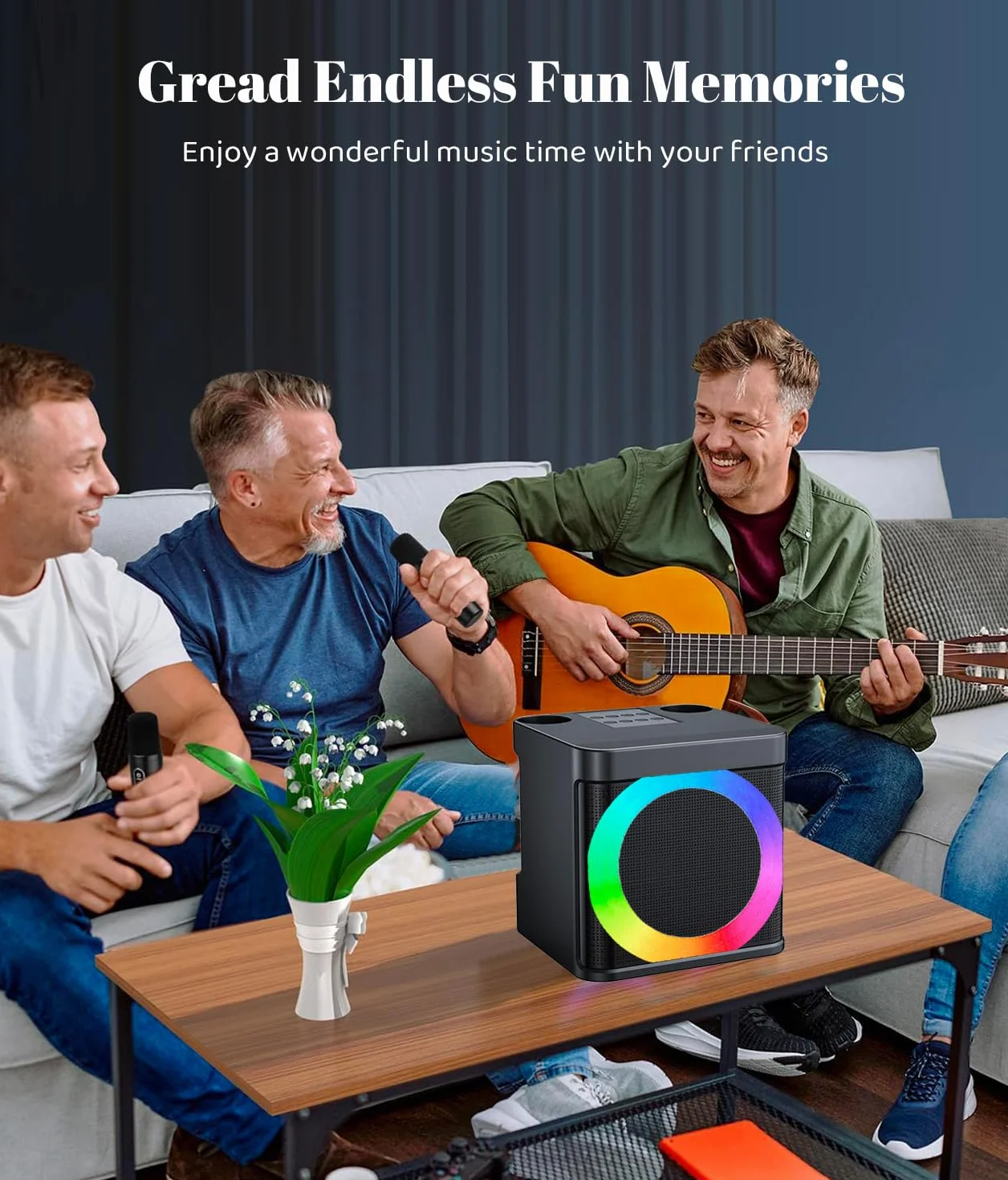 Maszyna do karaoke dla dorosłych i dzieci z 2 bezprzewodowymi mikrofonami UHF, przenośny głośnik Bluetooth, system głośników PA z lampkami imprezowymi LED, na imprezę, piknik, do samochodu, na