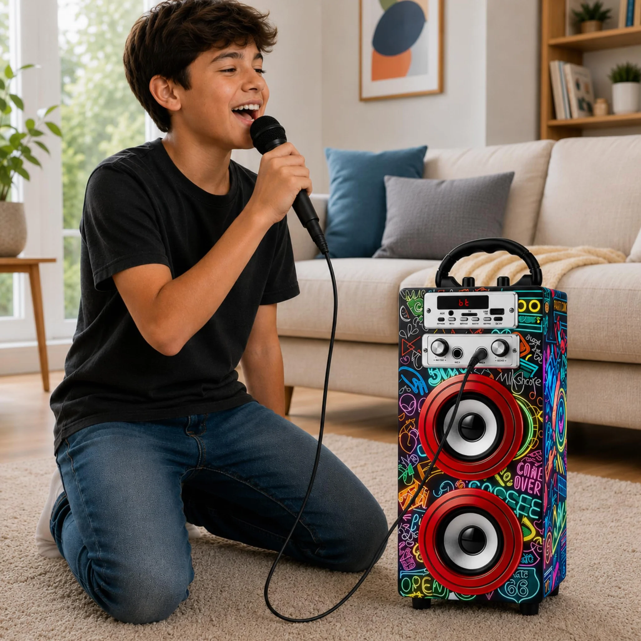 DYNASONIC Przenośna maszyna do karaoke Bluetooth 2 mikrofony światła czytnik USB SD