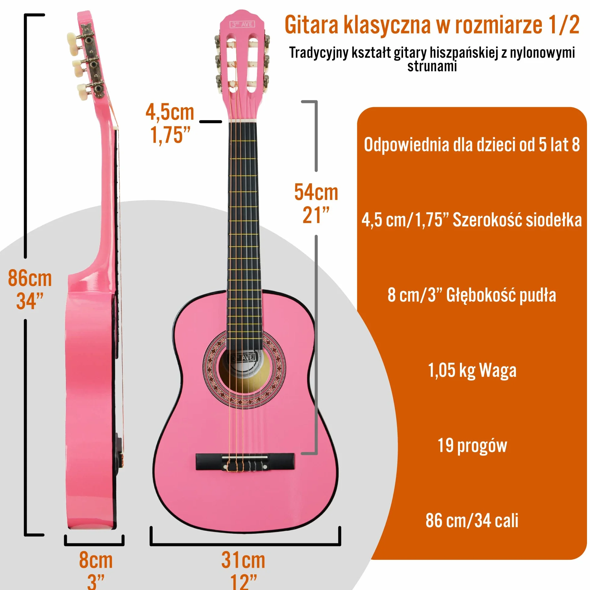 Gitara klasyczna Hiszpańska 1/2 dla początkujących struny nylonowe różowa futerał