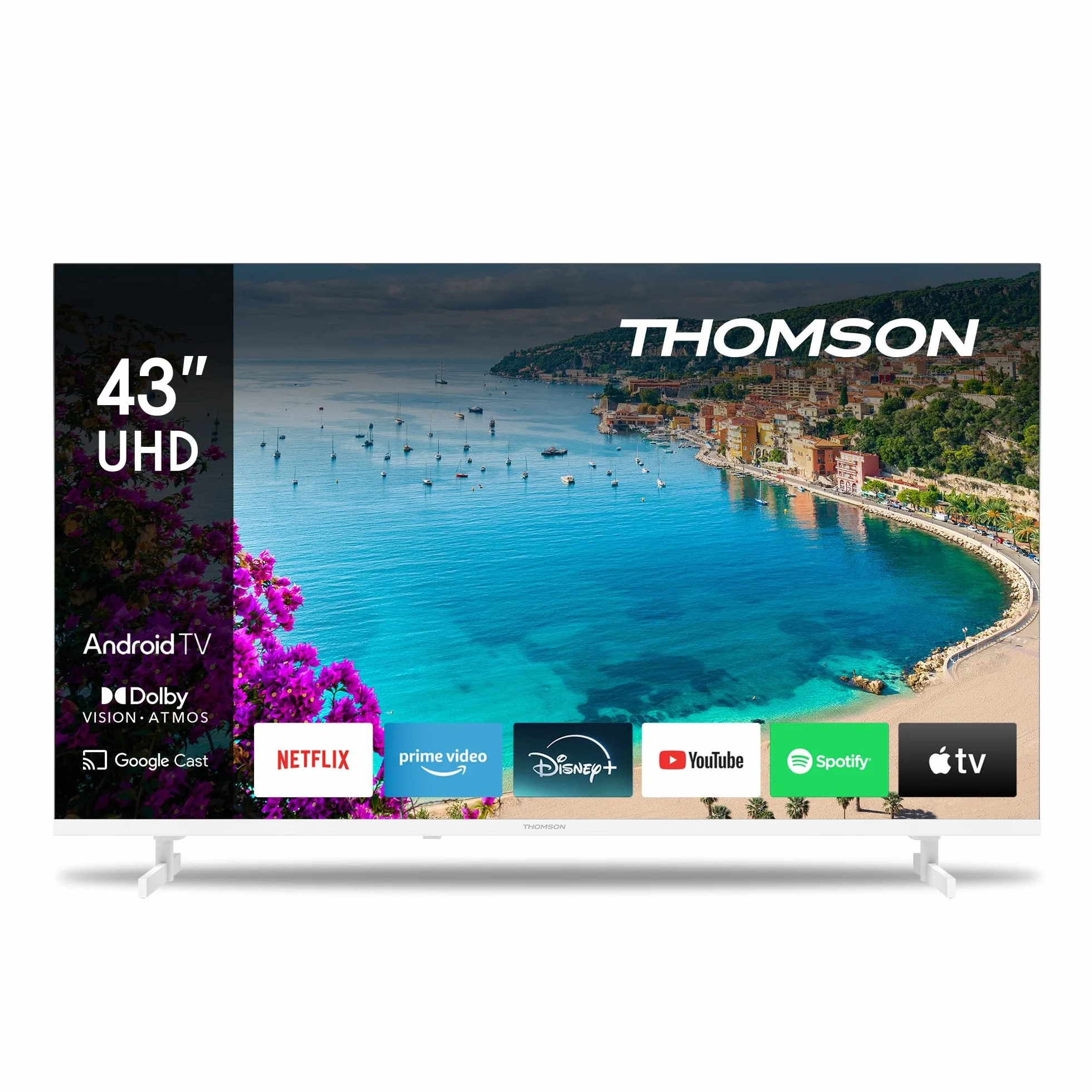 THOMSON 43 calowy (109 cm) 4K Ultra HD Biały Smart Android TV, Google Assistant, Wi-Fi, Dolby Digital, Bluetooth, Triple-Tuner (Kabel/Satelita/Antena), HDMI, CI+, A+ Płyta – 43UA5S13W