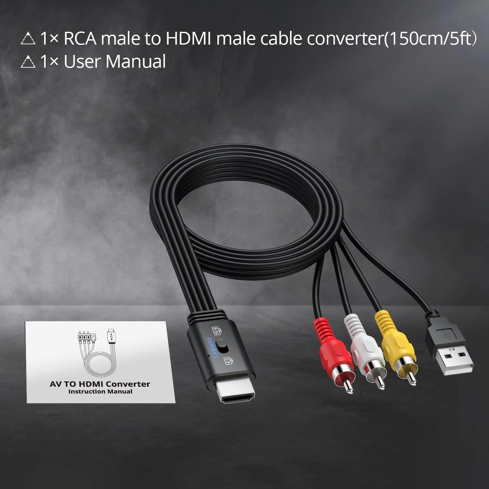 CAMWAY 1080P Konwerter RCA na HDMI, kabel męski 1,5 m - bezstratna transmisja, przełącznik 16:9/4:3, adapter Pro AV do HDMI dla magnetowidów/VHS/odtwarzaczy DVD, mini kompozytowy adapter audio-wideo