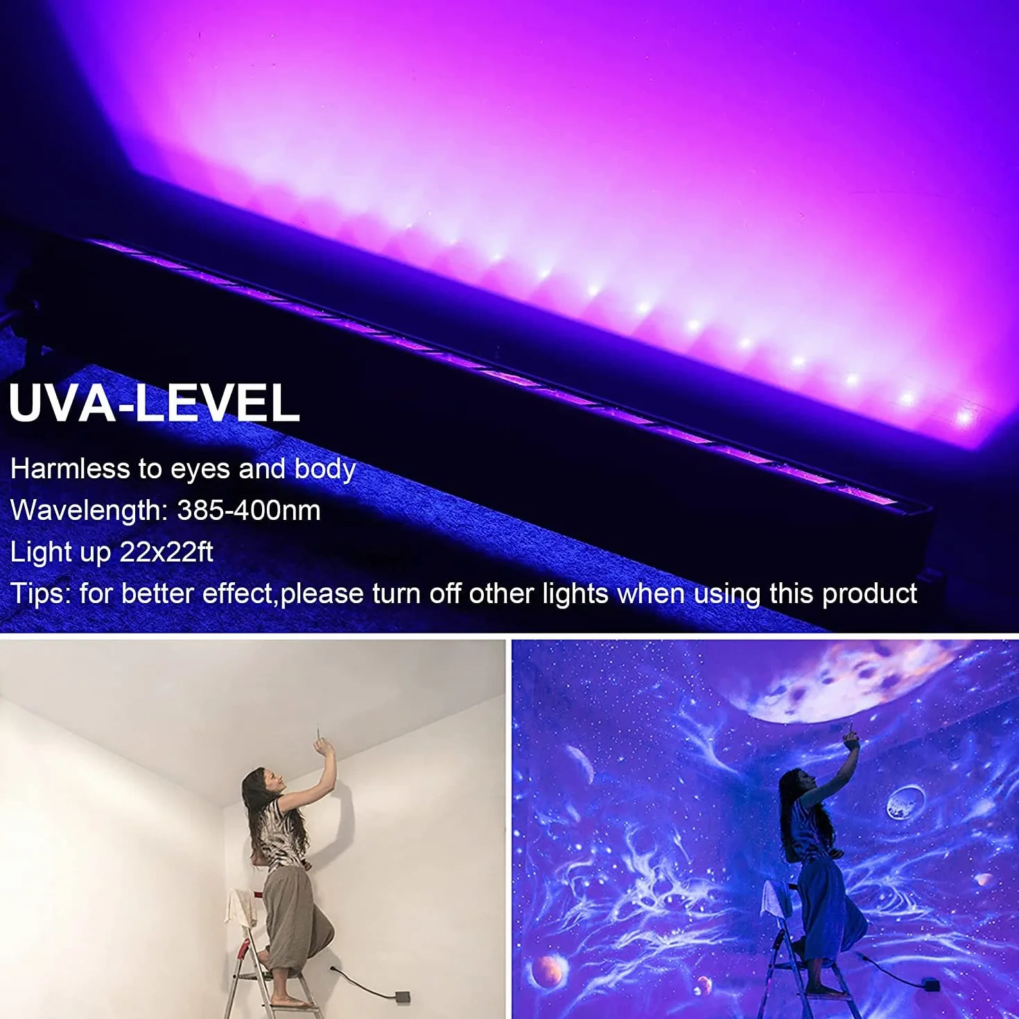 Eleganted Tuba UV LED 36 W, czarna lampa, 64 diody LED fioletowa lampa barowa IP66 Wodoodporny zewnętrzny reflektor UV oświetlenie na Boże Narodzenie wieczór makijaż fluorescencyjny malowanie ciała DJ