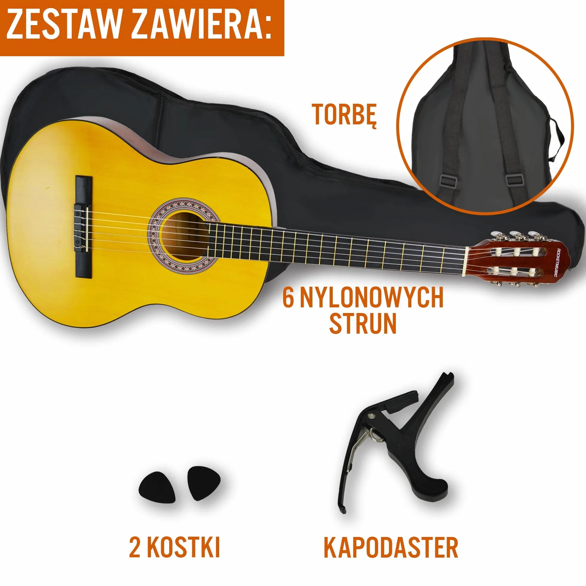3rd Avenue Pełnowymiarowa gitara klasyczna FX zestaw startowy dla początkujących, gitara akustyczna z nylonowymi strunami, futerałem, kapodastrem i kostkami, naturalny