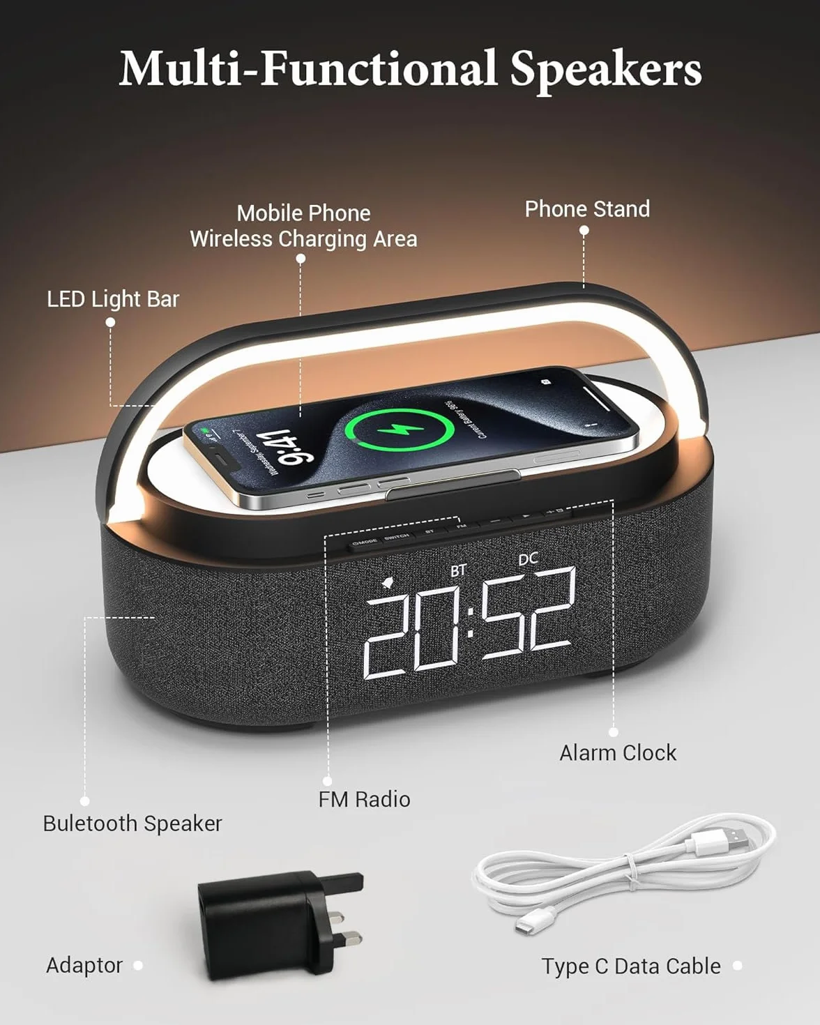 COLSUR Radiobudzik cyfrowy z bezprzewodową ładowarką, głośnik Bluetooth z ładowarką USB, inteligentny budzik, funkcja drzemki, indukcyjna stacja ładująca, lampka nocna, ściemniany wyświetlacz LED i