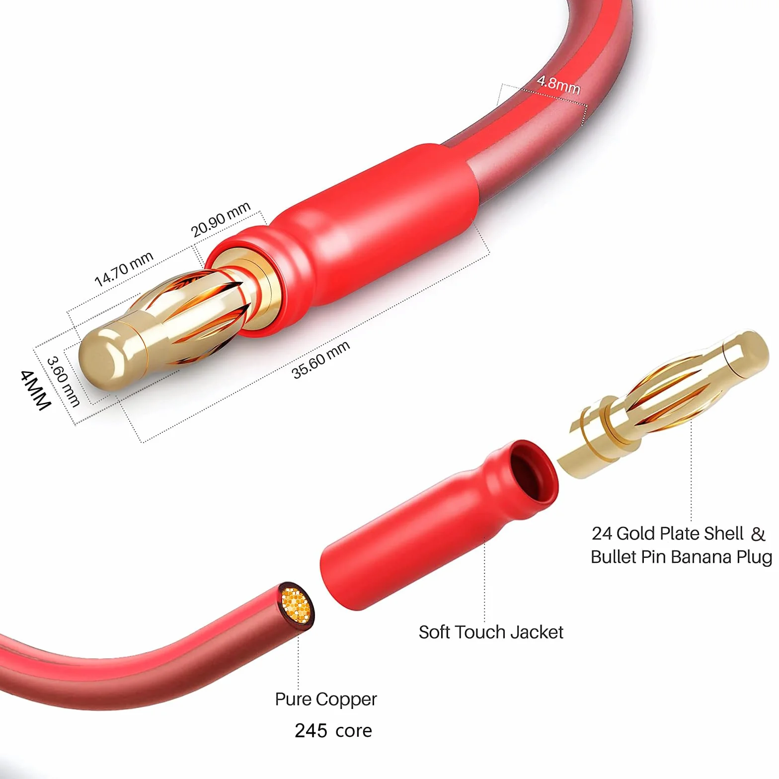 Kabel głośnikowy z czystej miedzi (z pozłacanymi wtyczkami bananowymi, 14 AWG, 2 m) – kabel audio LP42 HiFi głośniki głośniki