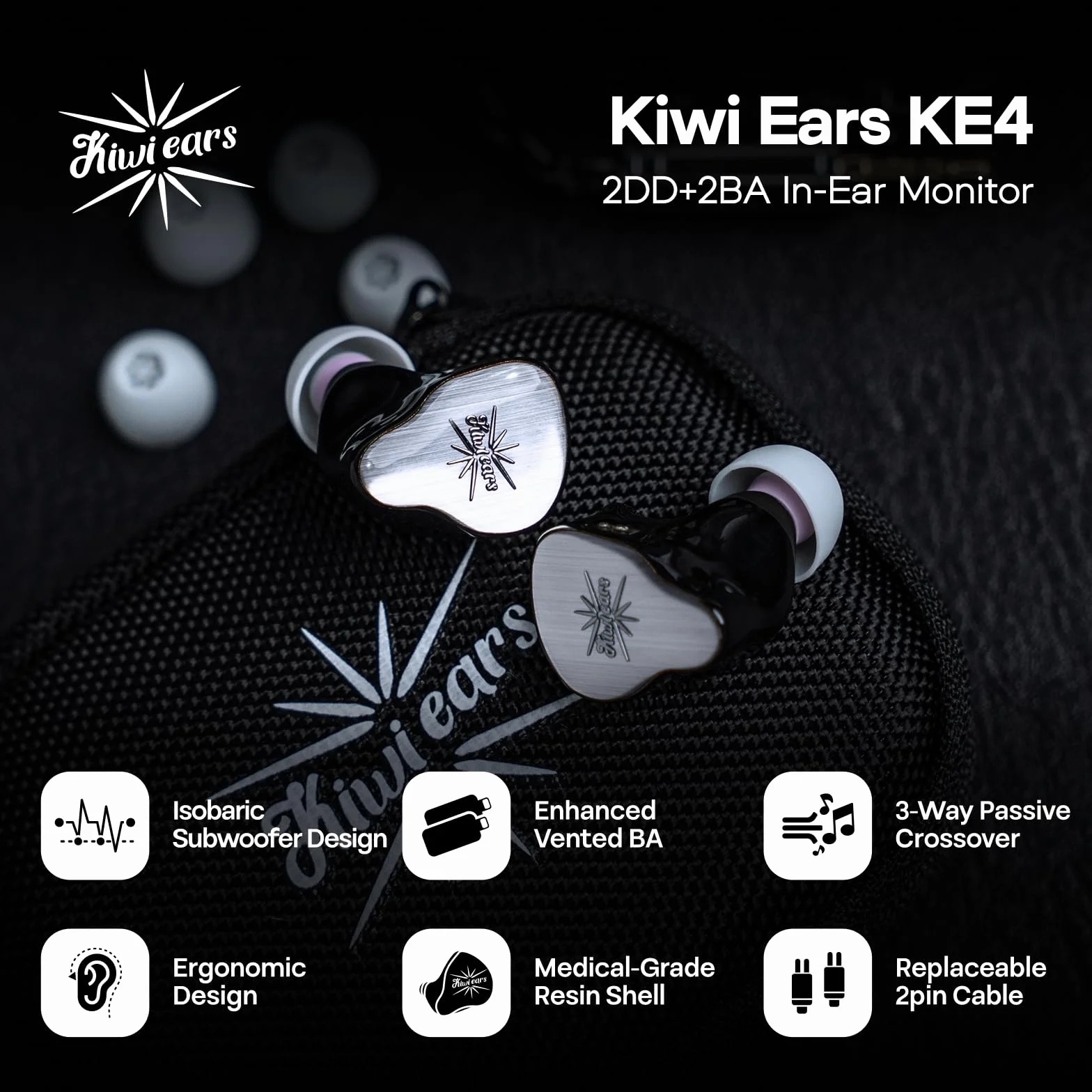 LINSOUL Kiwi Ears KE4 monitor douszny, 2DD + 2BA hybrydowe słuchawki douszne, słuchawki gamingowe, HiFi Wired IEM, ze zdejmowanym kablem IEM dla muzyków, audiofilów