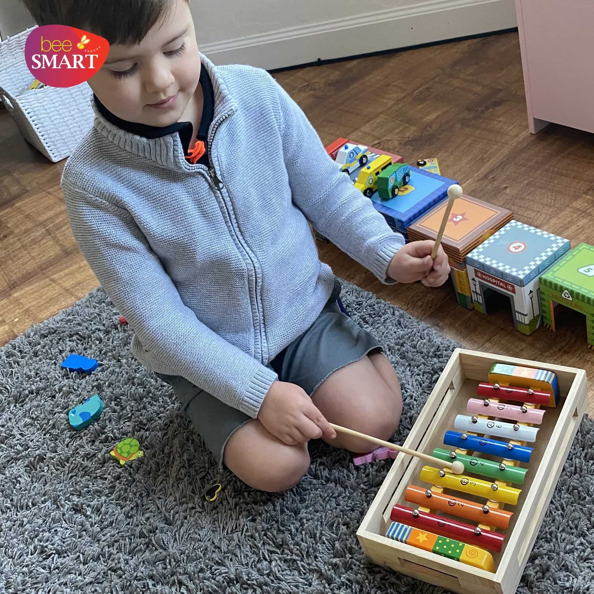 Bee Smart Drewniany ksylofon dla dzieci, instrumenty muzyczne z arkuszami piosenek, tęczowe drewniane glockenspiel dla dzieci, z pudełkiem i młotkiem, zajęcia muzyczne, pomysły na prezenty urodzinowe