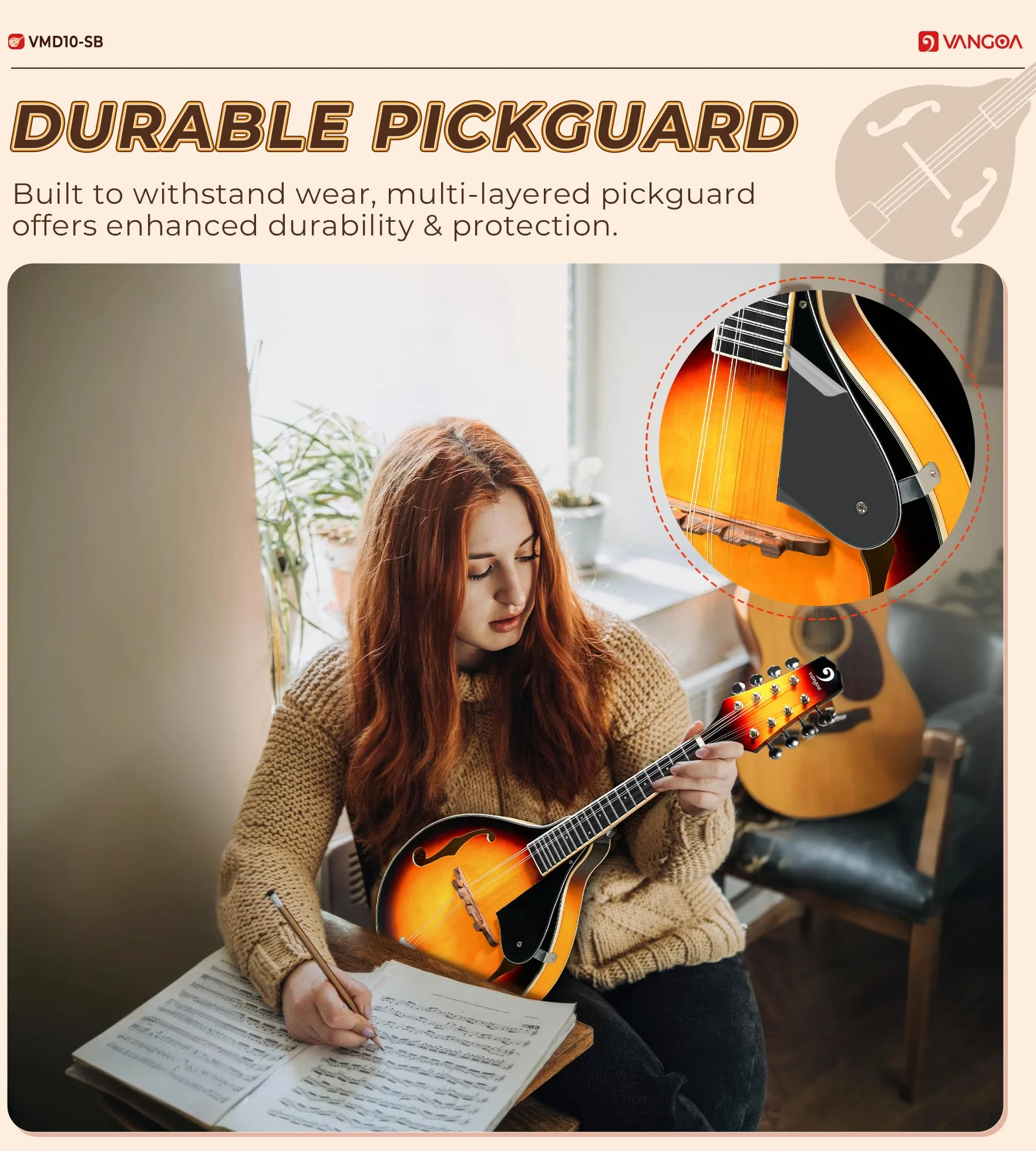 Vangoa Mandolina Instrument A Style Sunburst akustyczna mandolina dla początkujących z tunerem, strunami, torbą koncertową, kostkami