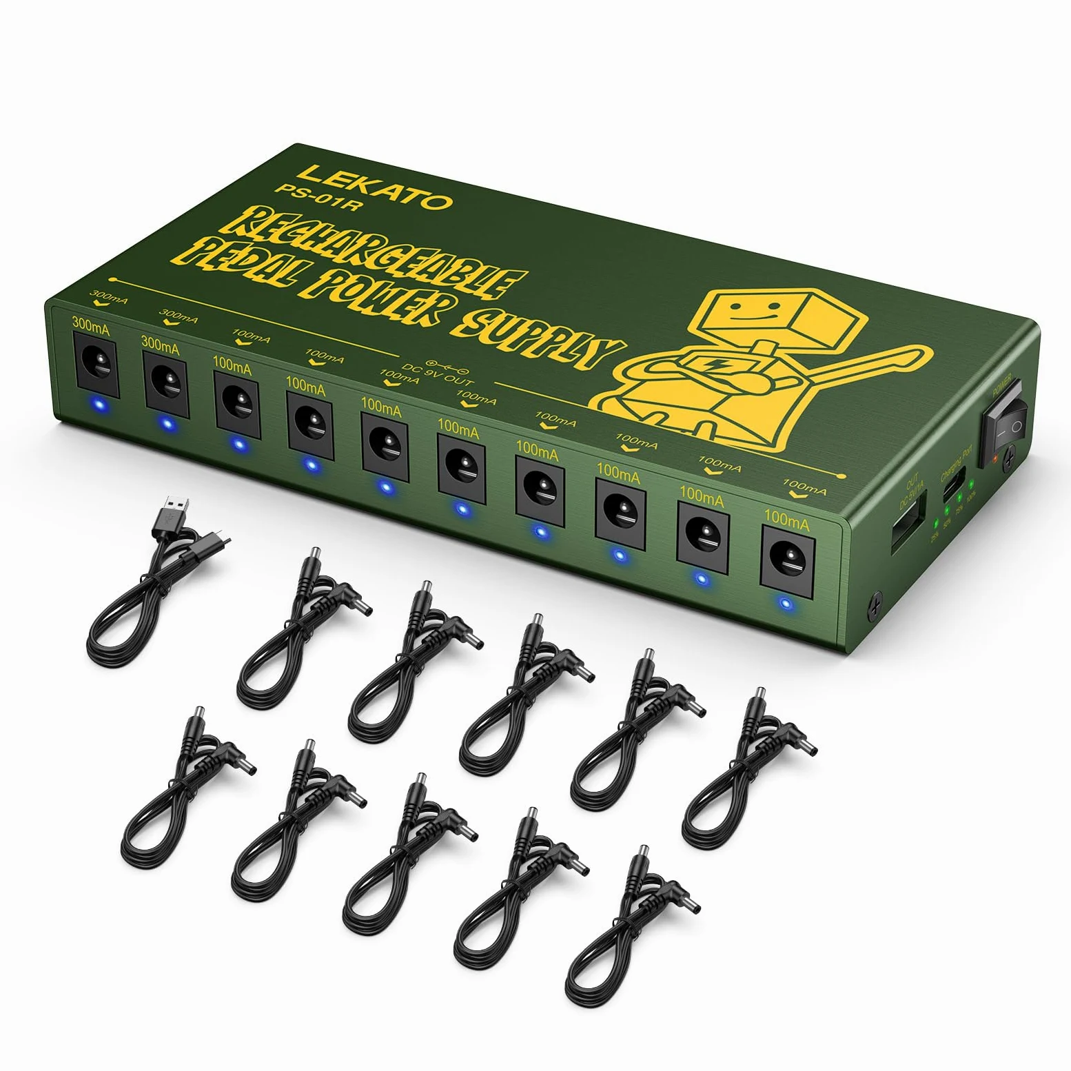 LEKATO Ładowalny zasilacz do pedału gitarowego, wbudowany akumulator 10000mAh, izolowane 10 wyjść DC dla 9V (100mA, 300mA), zasilacz efektów z ochroną przed zwarciem