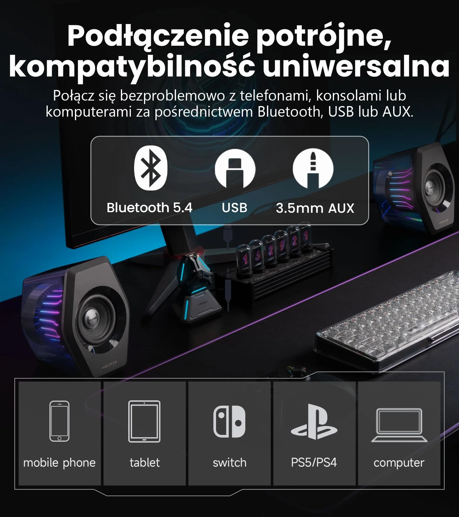 Edifer G2000 pro 2.0 głośnik gry rgb, maksymalna moc 64w, 270 ° tempoflow ™ Synchronizacja optyczna, dźwięk otoczenia wirtualny 7.1 - Bluetooth 5.4 / usb - C/aux dla PC, PS5 (Czarny)