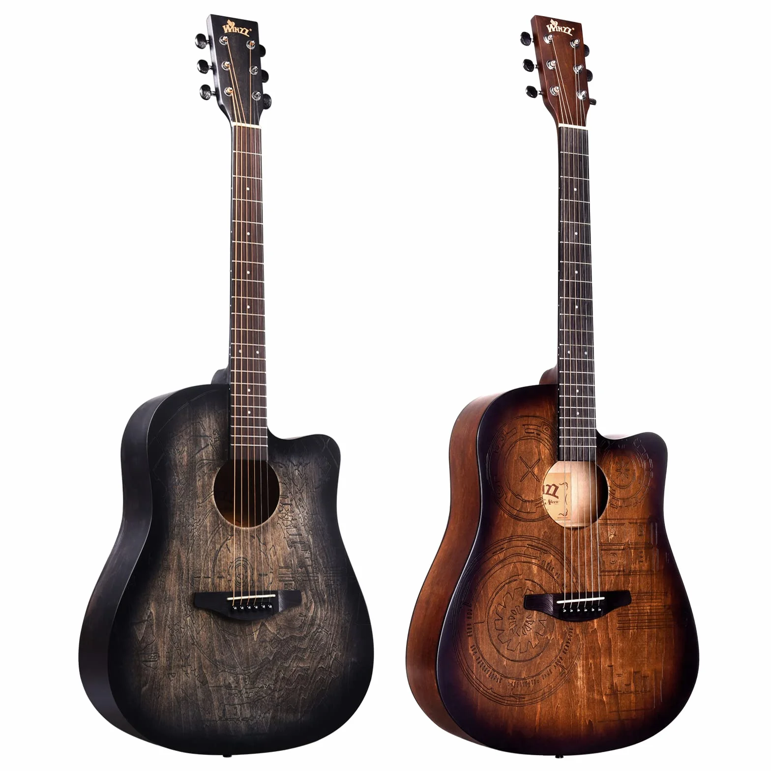 Winzz Gitara akustyczna 4/4 dla początkujących, Country and Folk Guitar 41 cali (Vintage Grawerowanie) Czarna