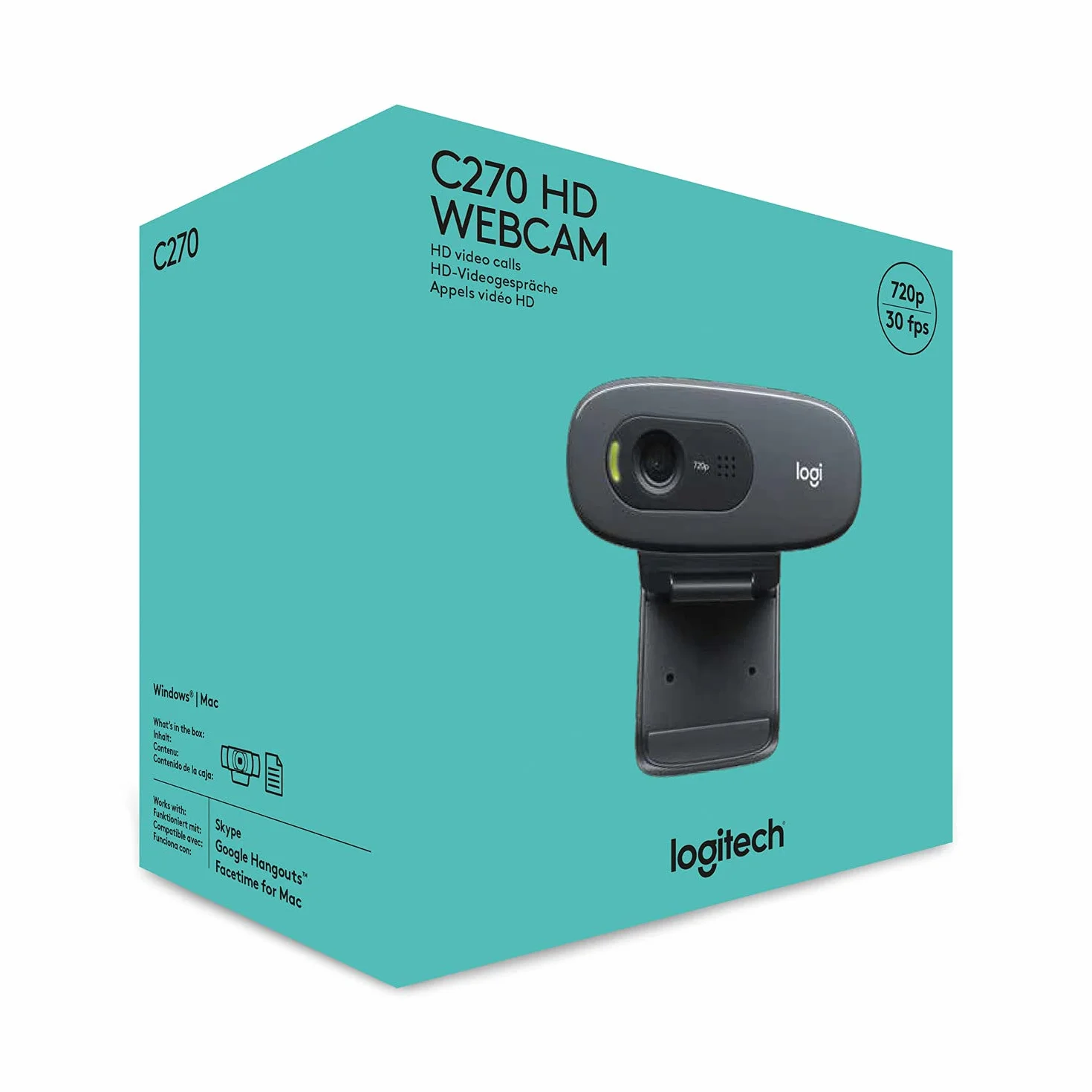 Logitech C270 kamera internetowa, HD 720p, pole widzenia 60°, stała ostrość, korekcja ekspozycji, port USB, redukcja szumów, uniwersalny uchwyt, do Skype, FaceTime, Hangouts, itp. - czarna