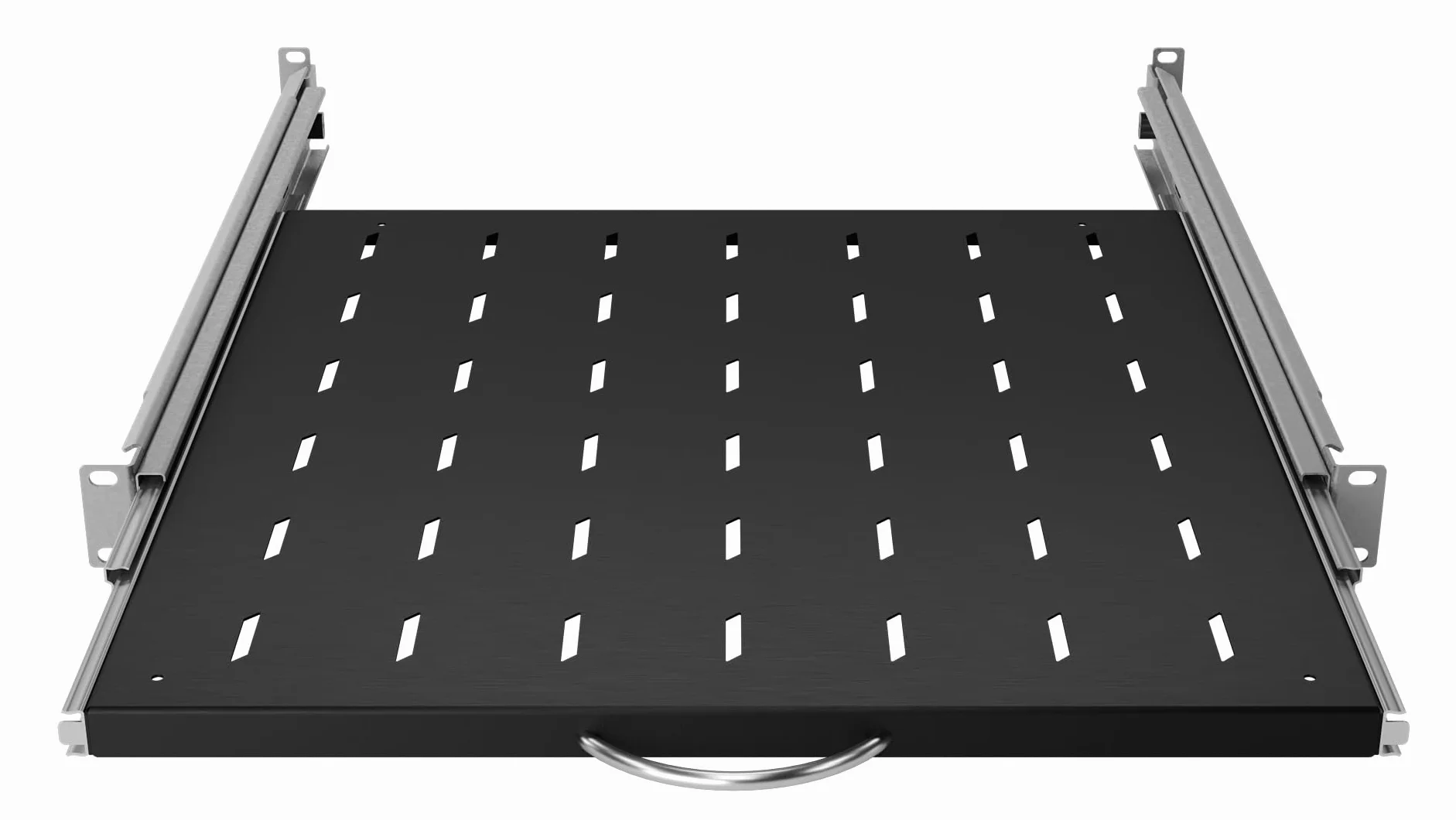 Półka Wysuwana Standard Rack 19 cali 1U 450mm, Metal, Czarny | Półka Wysuwana 19 Cali Płaska Perforowana, Wysuwana 200mm do Montażu w Szafach Serwerowych Sieciowych w Systemie Rack