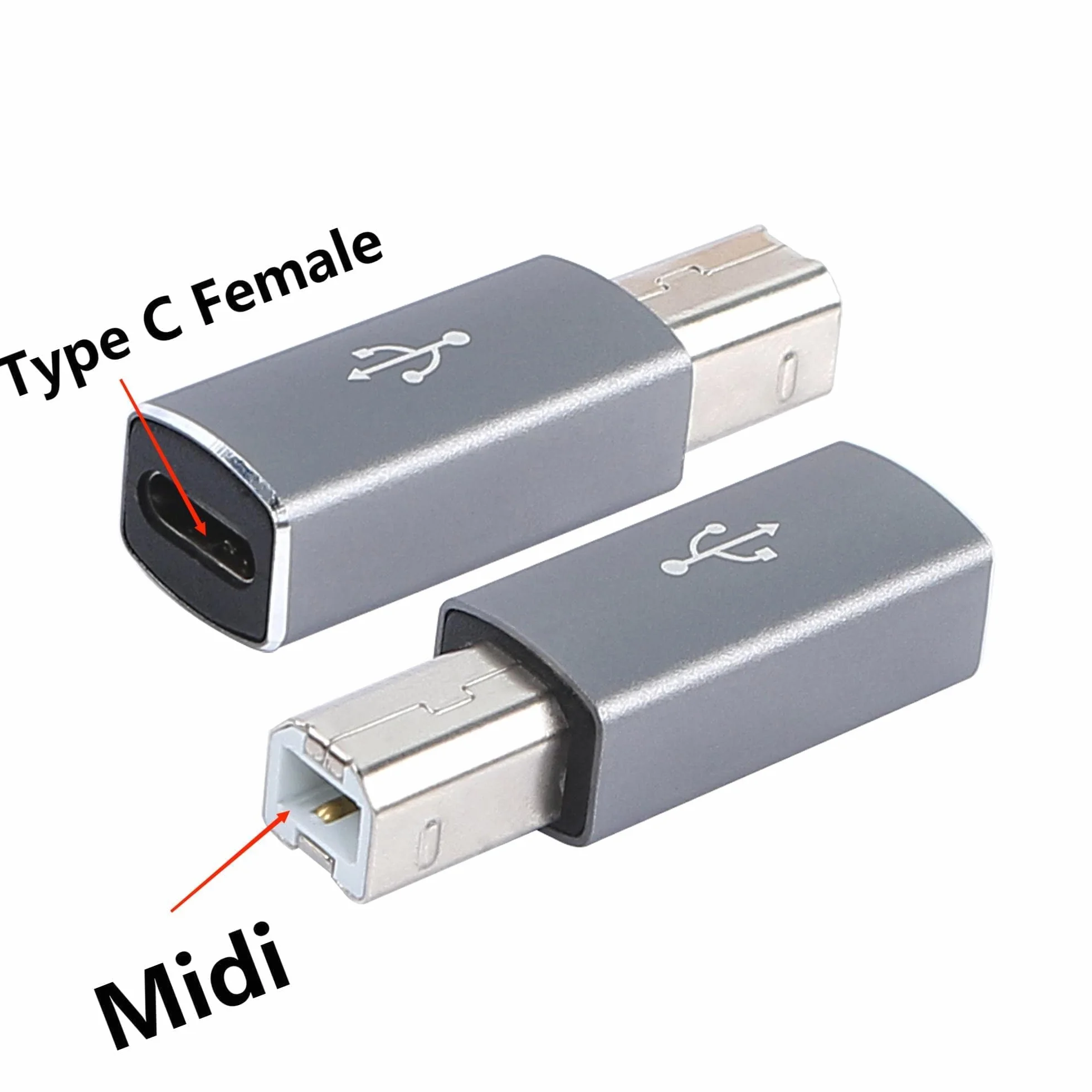 QIANRENON USB C żeński na midi adapter typu C na męski USB B adapter do drukarki MIDI elektryczny syntezator fortepianu i więcej urządzeń typu C / laptopa 2 szt. szary