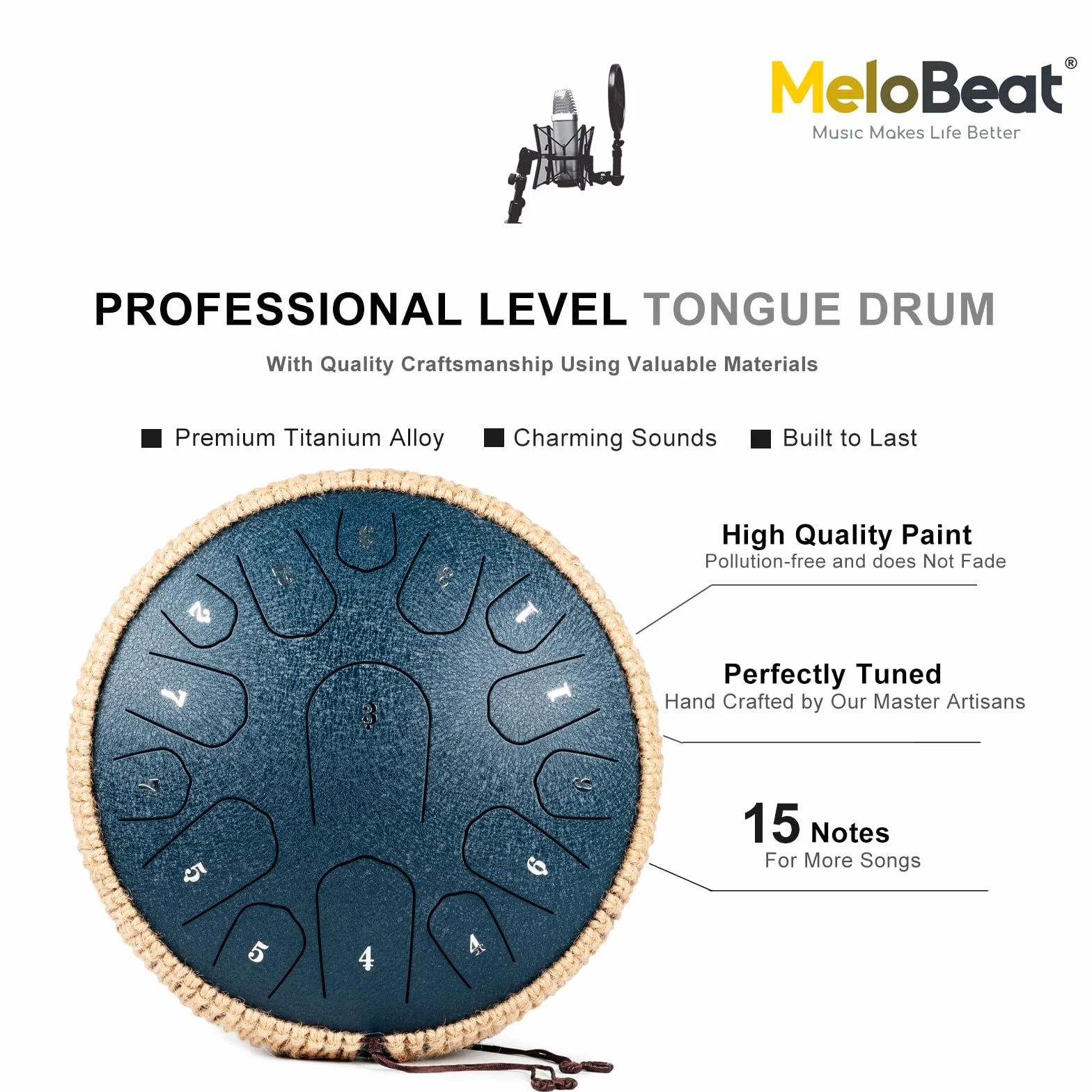MeloBeat Stalowy bęben językowy, 33 cm, 15 nut, bęben językowy, ręczne bębny z książką muzyczną, młotkami i torbą do przenoszenia, D-dur (granatowy)