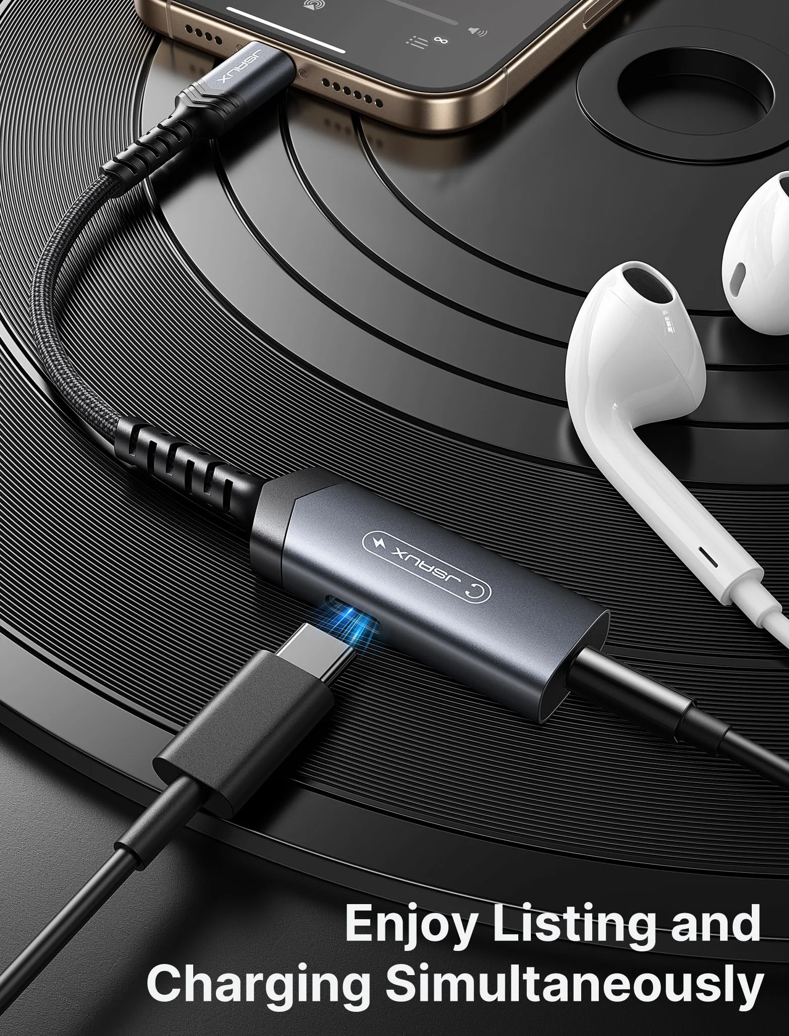 JSAUX Adapter do słuchawek USB C i ładowarka, adapter jack 2 w 1, 60 W, szybkie ładowanie, typ C, AUX 3,5 mm, gniazdo audio kompatybilny z iPhone 16 Pro/16 Pro Max/16/16 Plus/15 Pro Max, Samsung