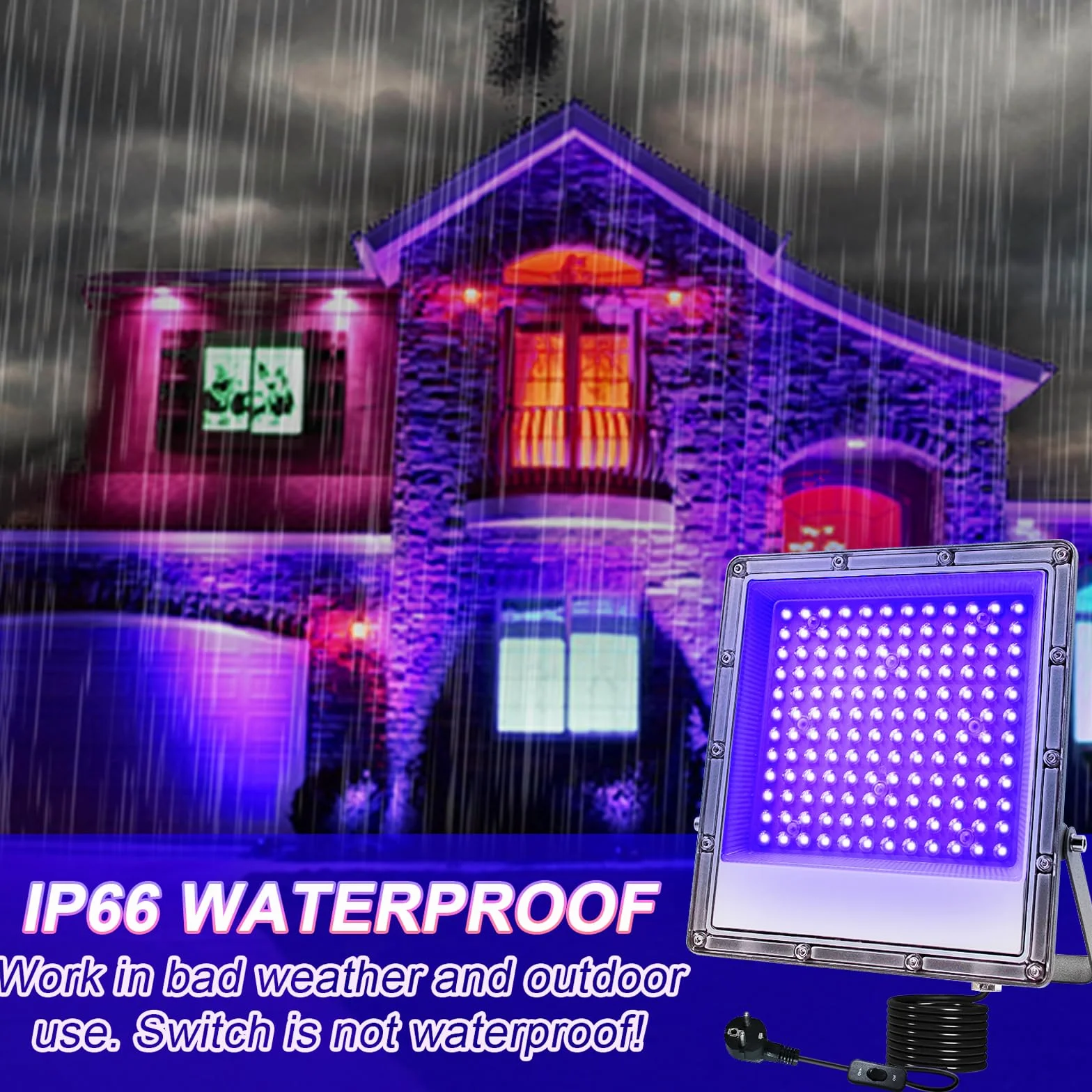 Czarny reflektor LED 150W, Indmird czarna lampa IP66 wodoodporny reflektor UV z przełącznikiem wtykowym, światło imprezowe UV 395-400nm do dekoracji imprez Halloween akwarium bar neonowe kolory